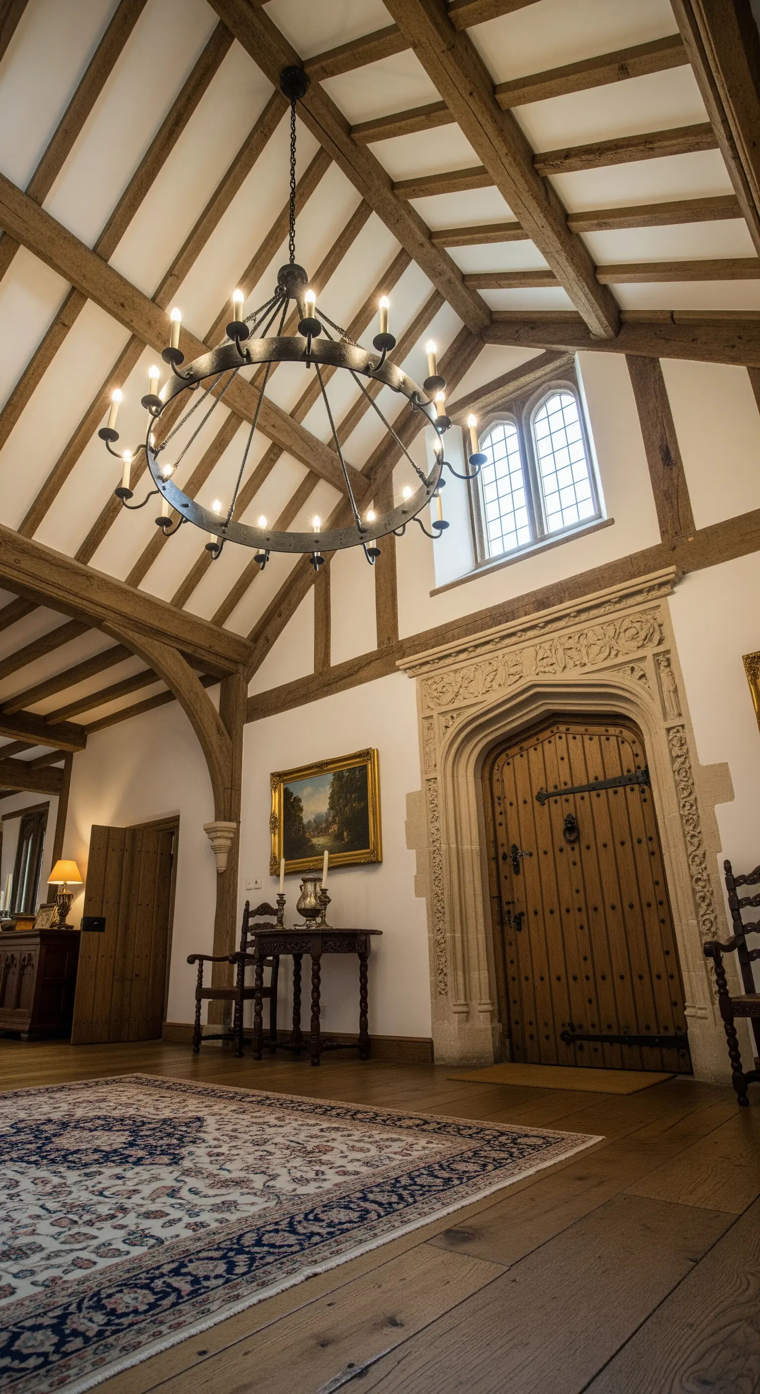 Ingresso in stile Tudor con travi in legno a vista, portale in pietra e lampadario in ferro battuto.
