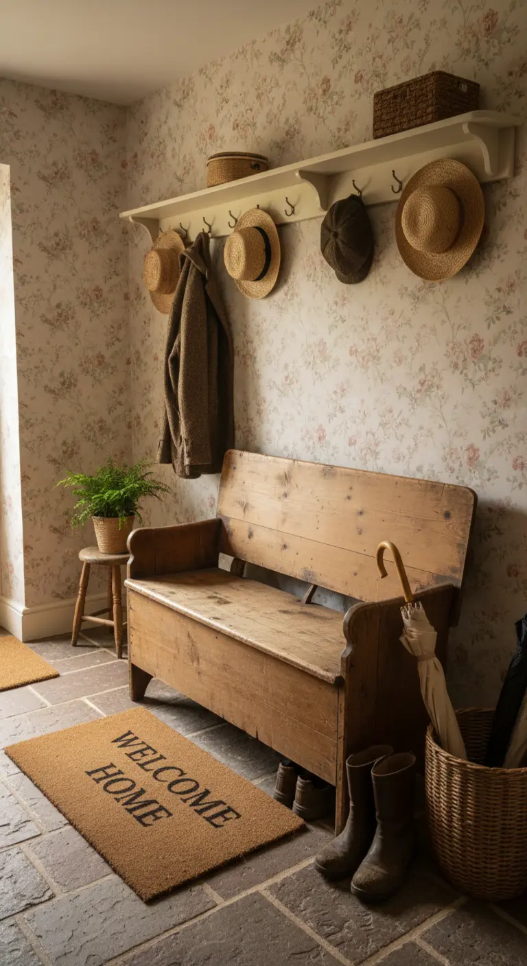 Panca antica in legno in un ingresso con carta da parati floreale e pavimento in pietra.