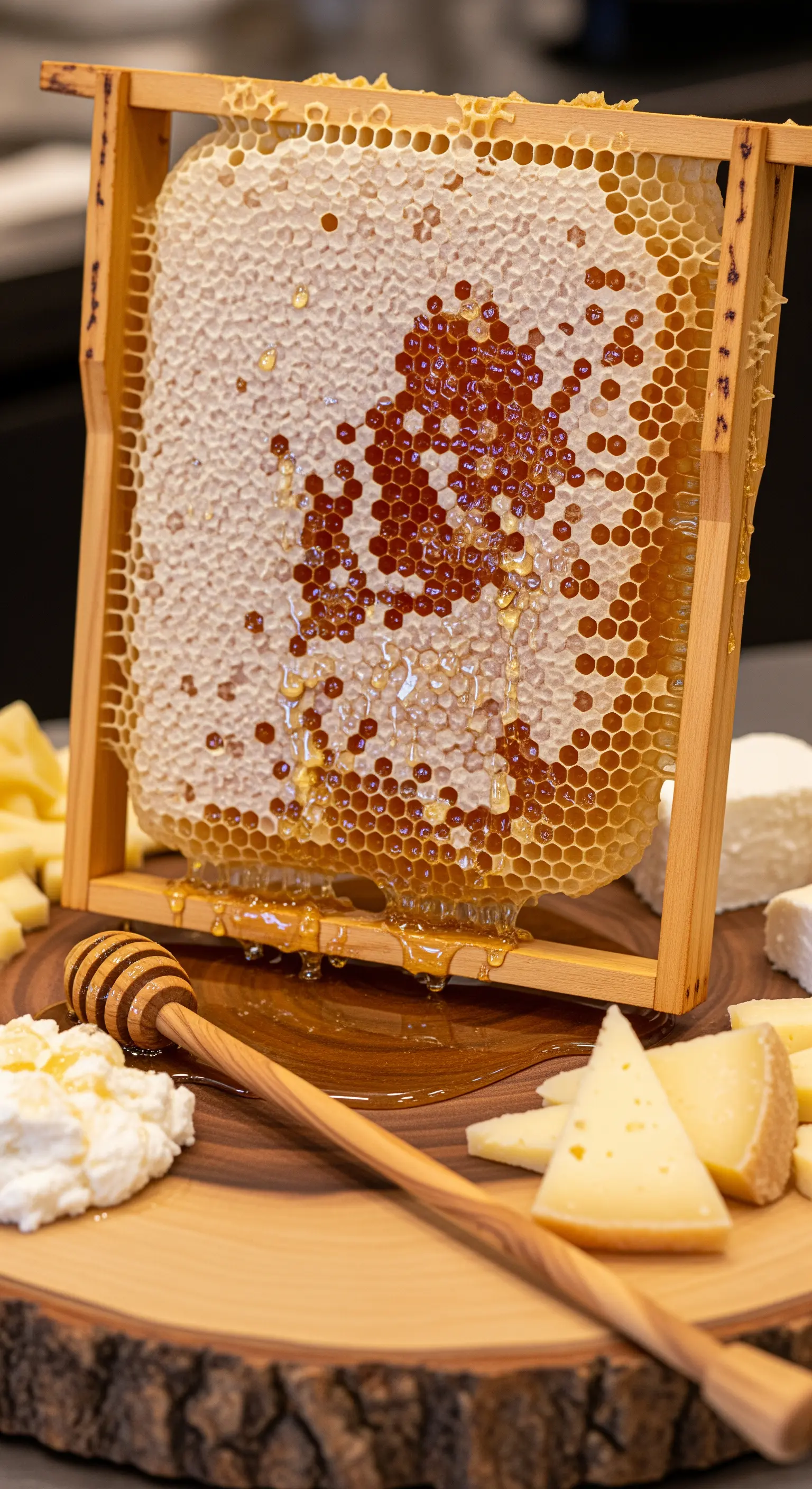 Favo di miele nel suo telaino di legno, presentato su un tagliere.