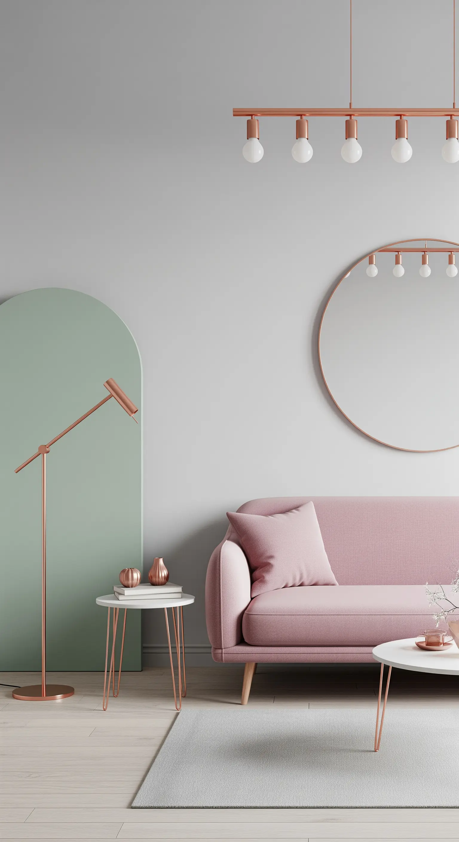 Salotto minimalista con divano rosa e dettagli coordinati in rame rosato.