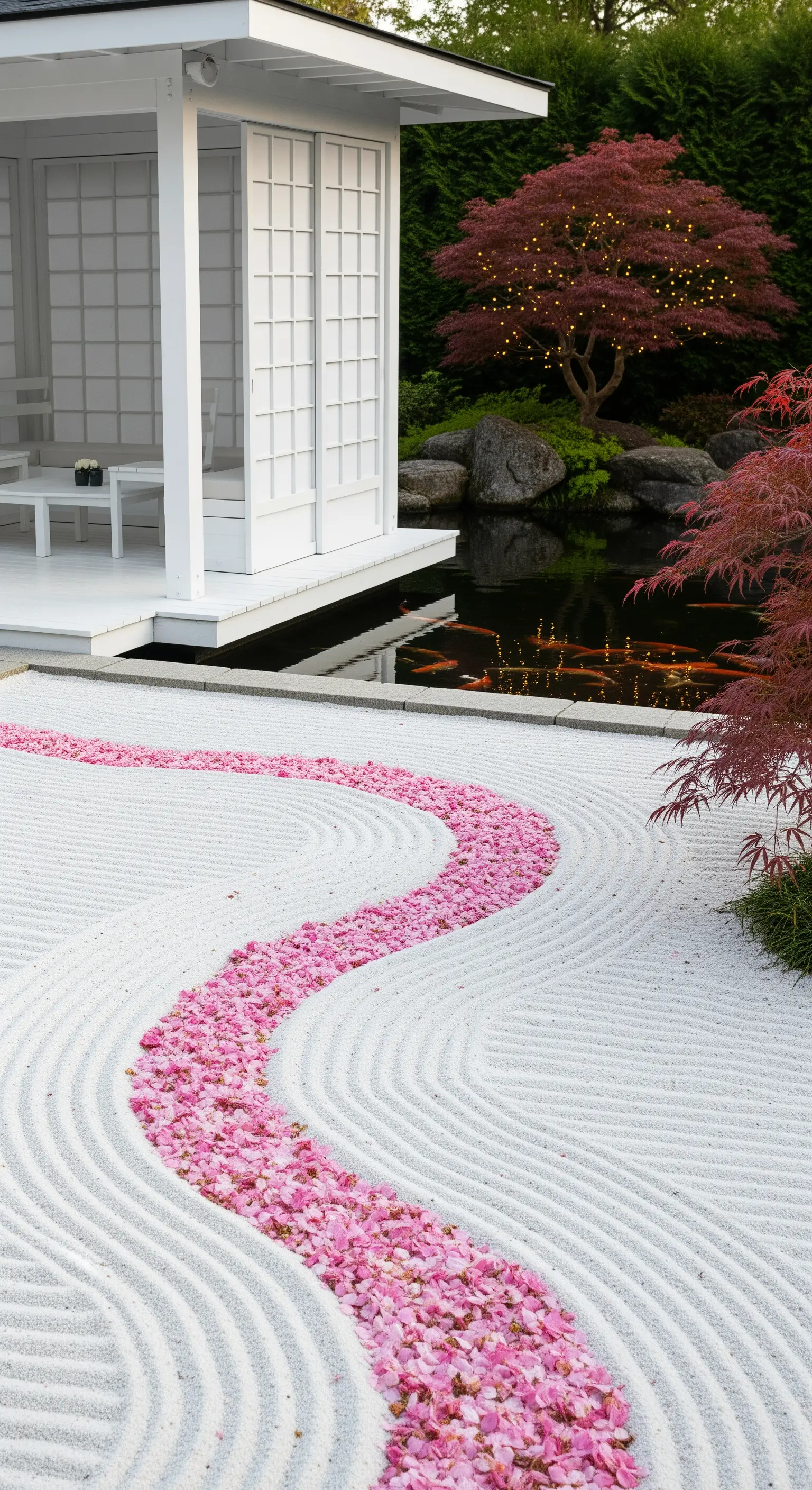 Giardino zen con sabbia bianca, padiglione moderno e un