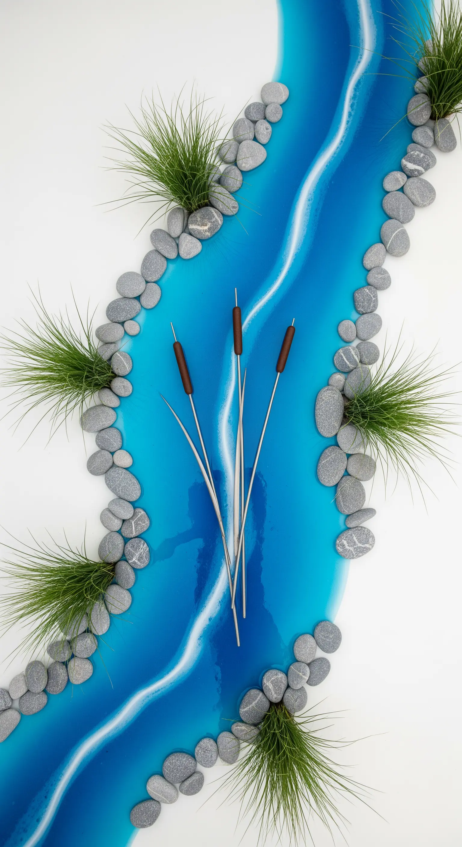 Dettaglio di un ruscello artificiale creato con resina epossidica blu, ciottoli e ciuffi d'erba.