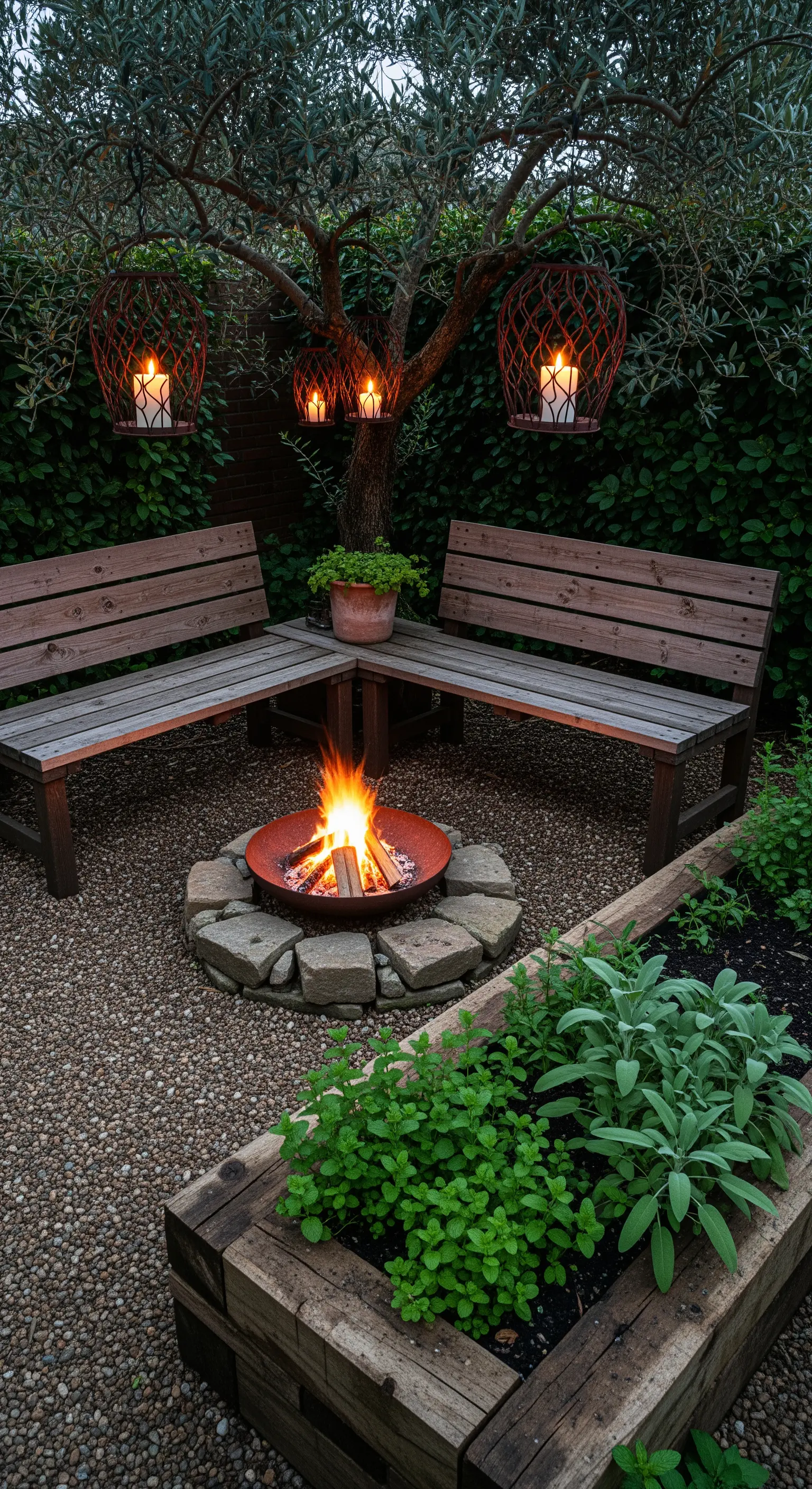Angolo conversazione con panche in legno, braciere centrale e lanterne appese a un albero.