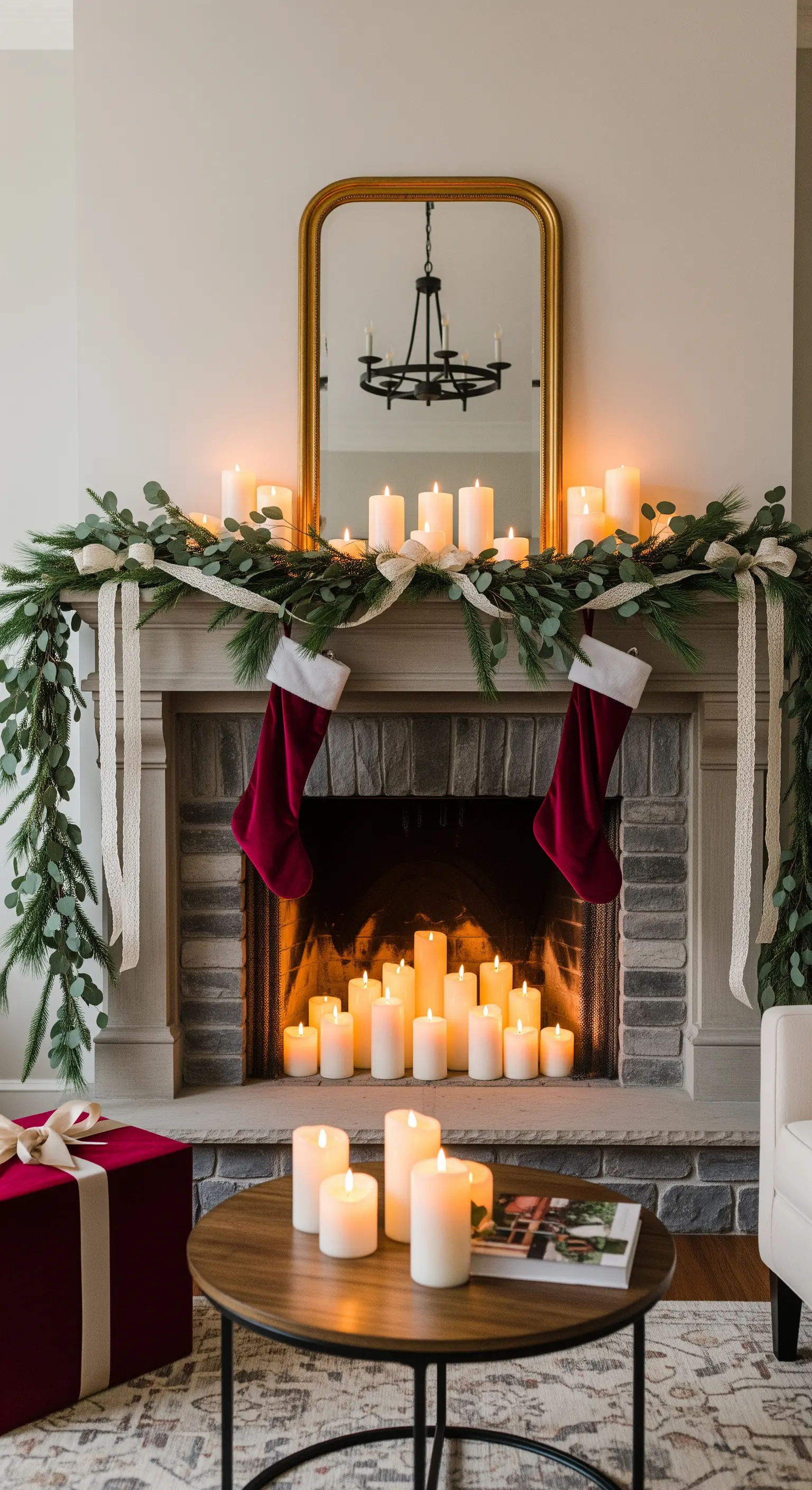 Camino decorato con ghirlanda di eucalipto, calze rosse e numerose candele accese.