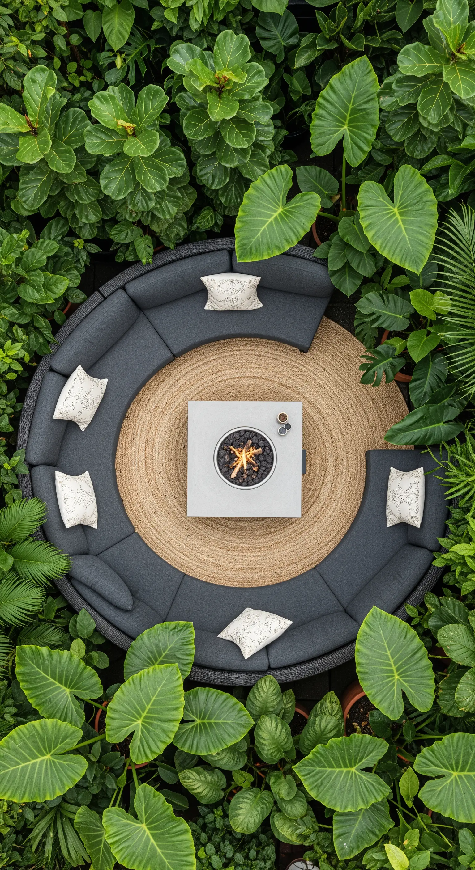 Vista dall'alto di un divano circolare grigio attorno a un braciere, immerso nel verde.