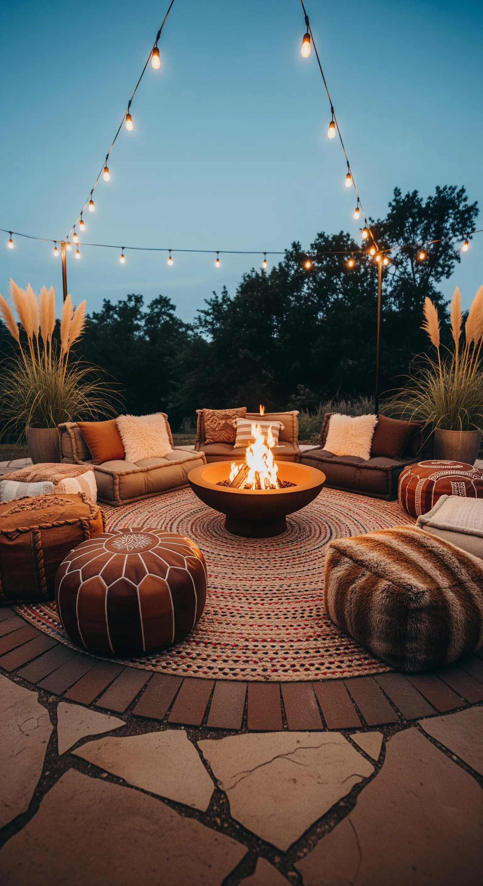 Area relax esterna con braciere, sedute basse, pouf in pelle e un tappeto rotondo etnico