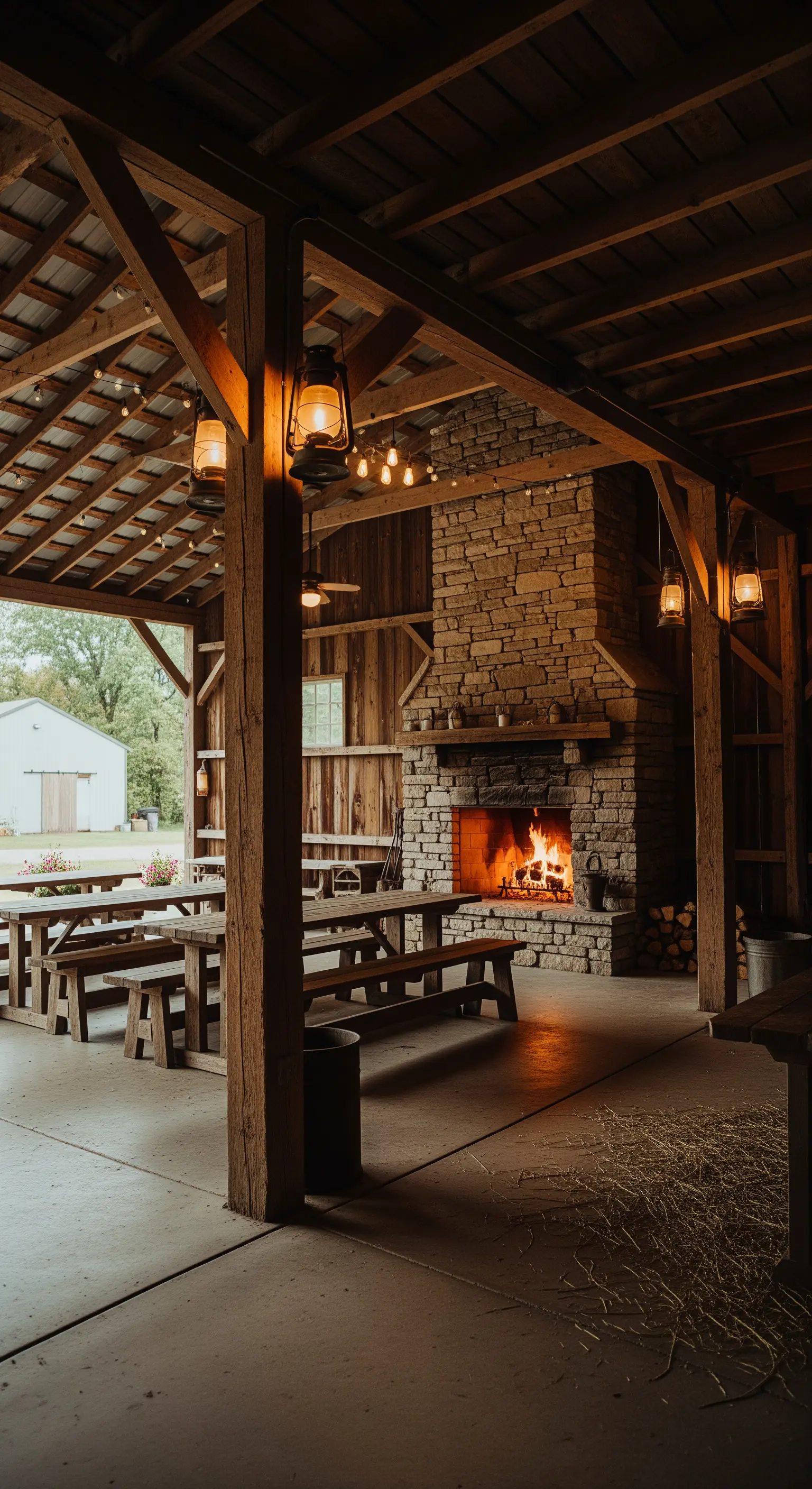 Grande camino in pietra sotto un portico in legno, con tavoli da picnic e lanterne appese.