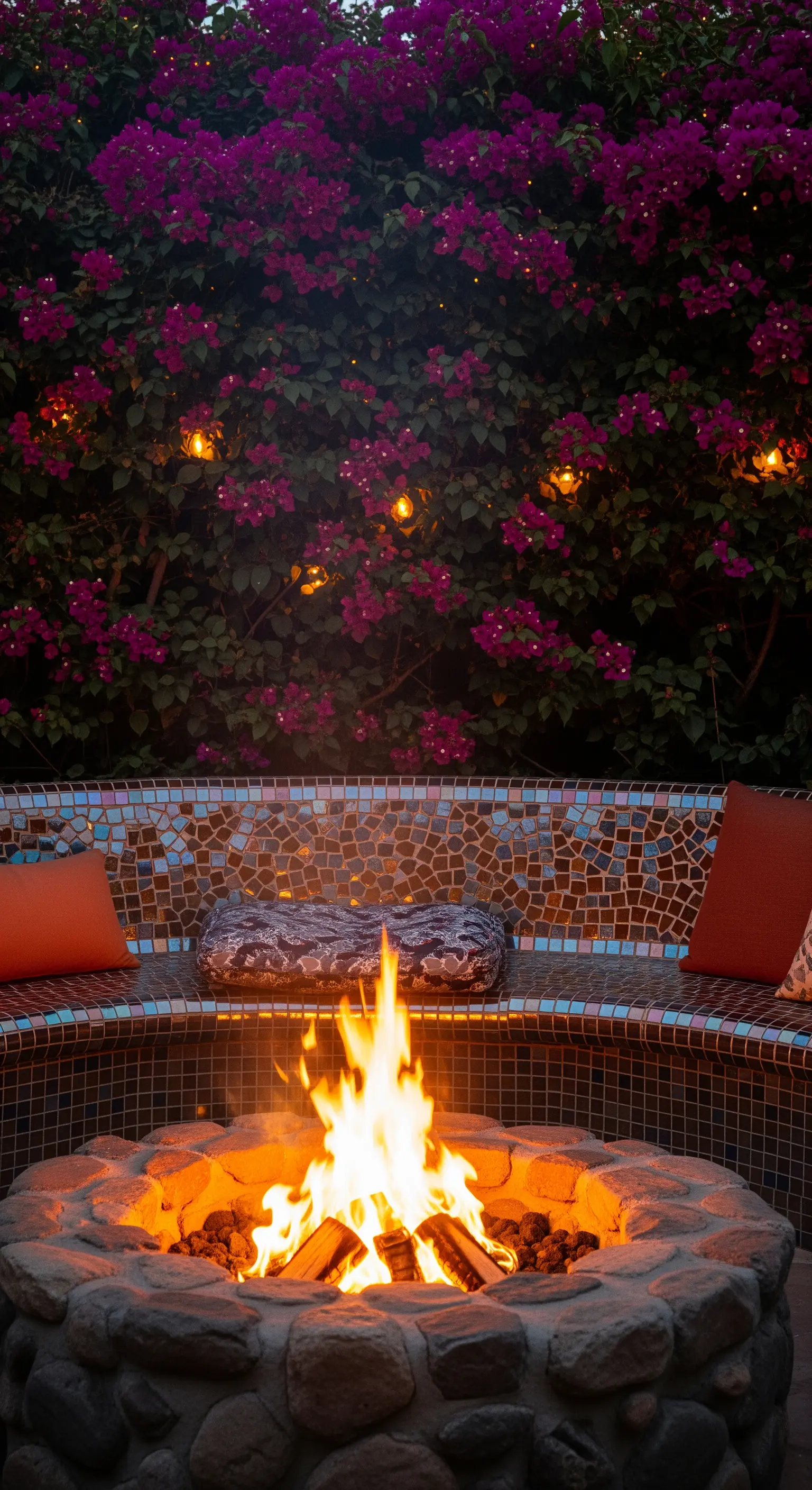 Braciere acceso circondato da una panca curva rivestita in mosaico.