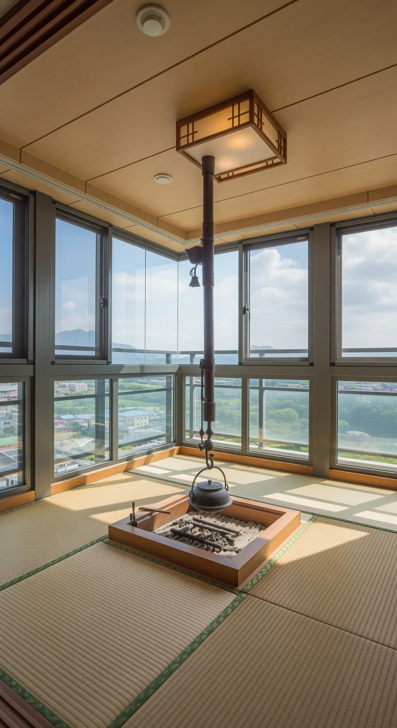 Stanza da tè con tatami e un focolare irori centrale sotto una cappa di legno.
