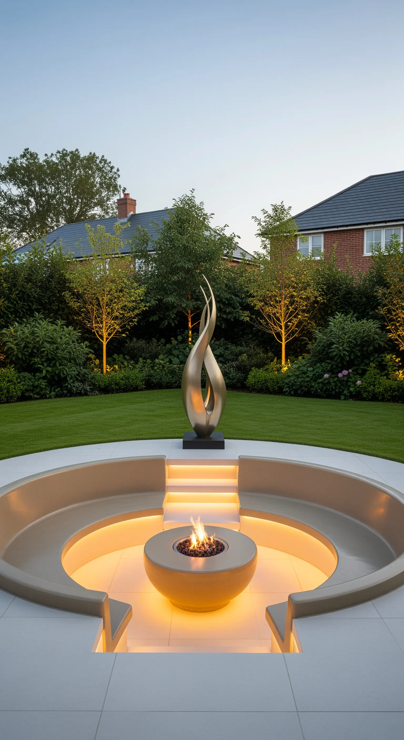 Area conversazione circolare con braciere, illuminazione LED integrata e scultura color bronzo.