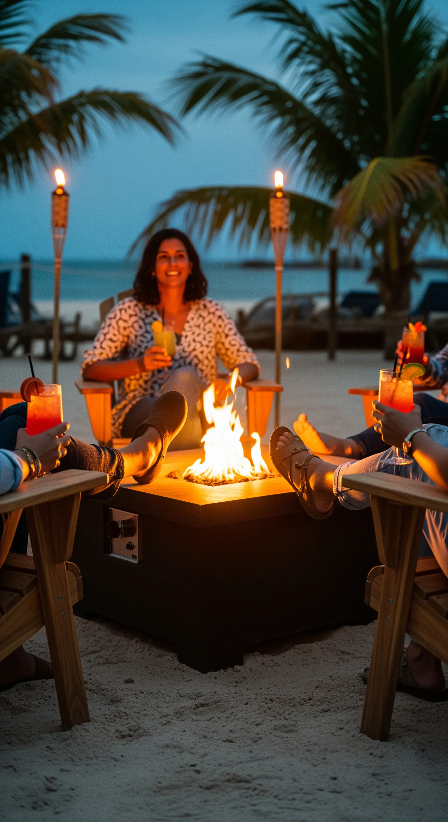 Gruppo di persone sedute attorno a un braciere sulla spiaggia al tramonto.
