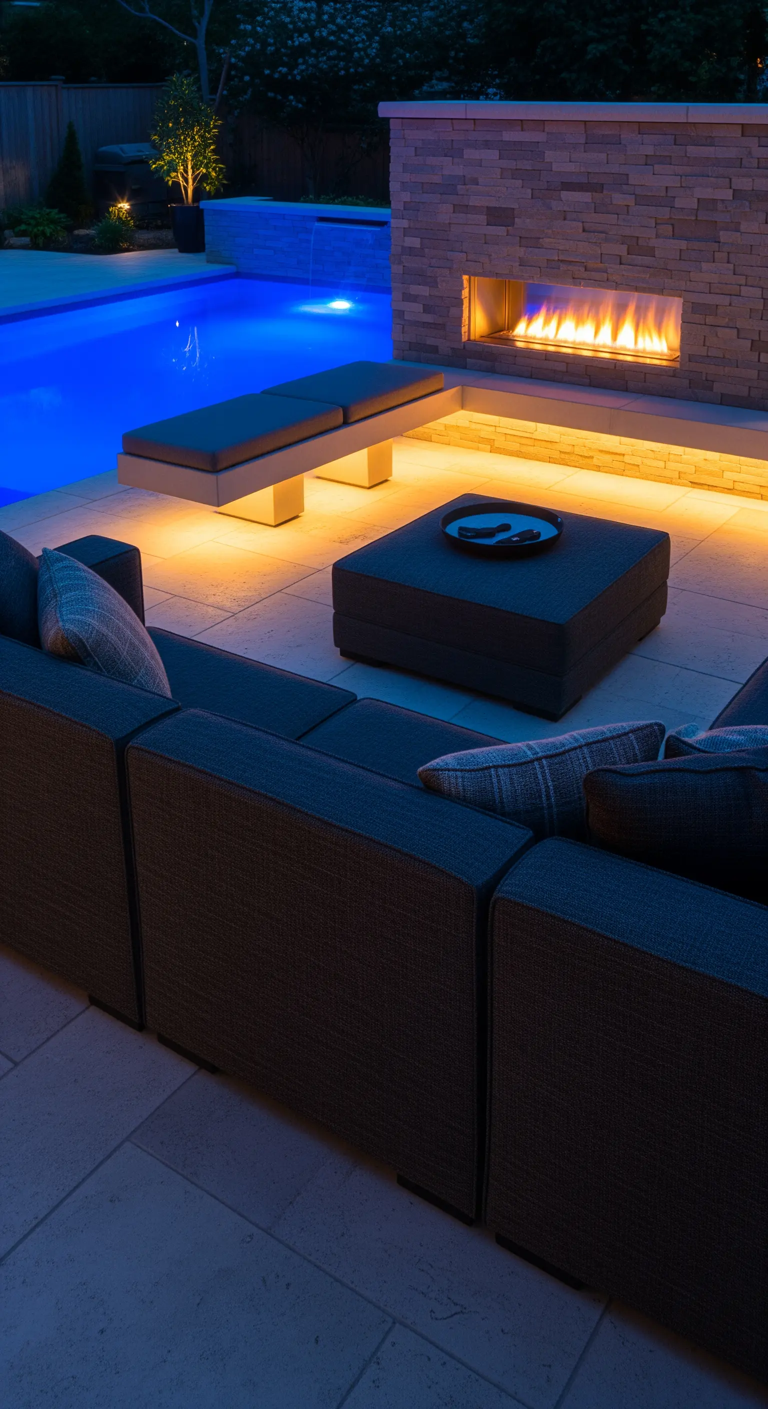 Spazio living esterno moderno con un grande camino in pietra e una calda illuminazione LED sotto la panca.