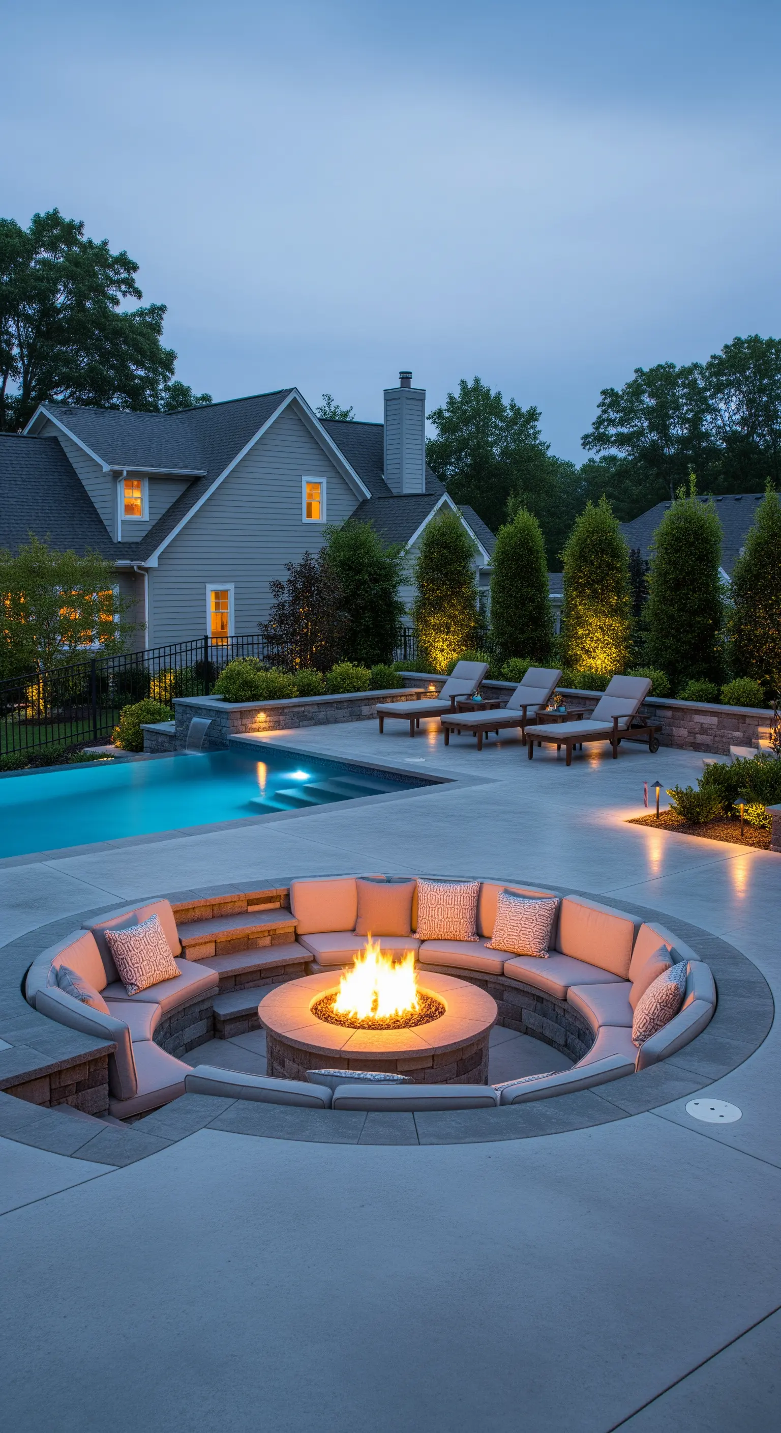 Area conversazione circolare incassata con braciere rotondo e panca in muratura