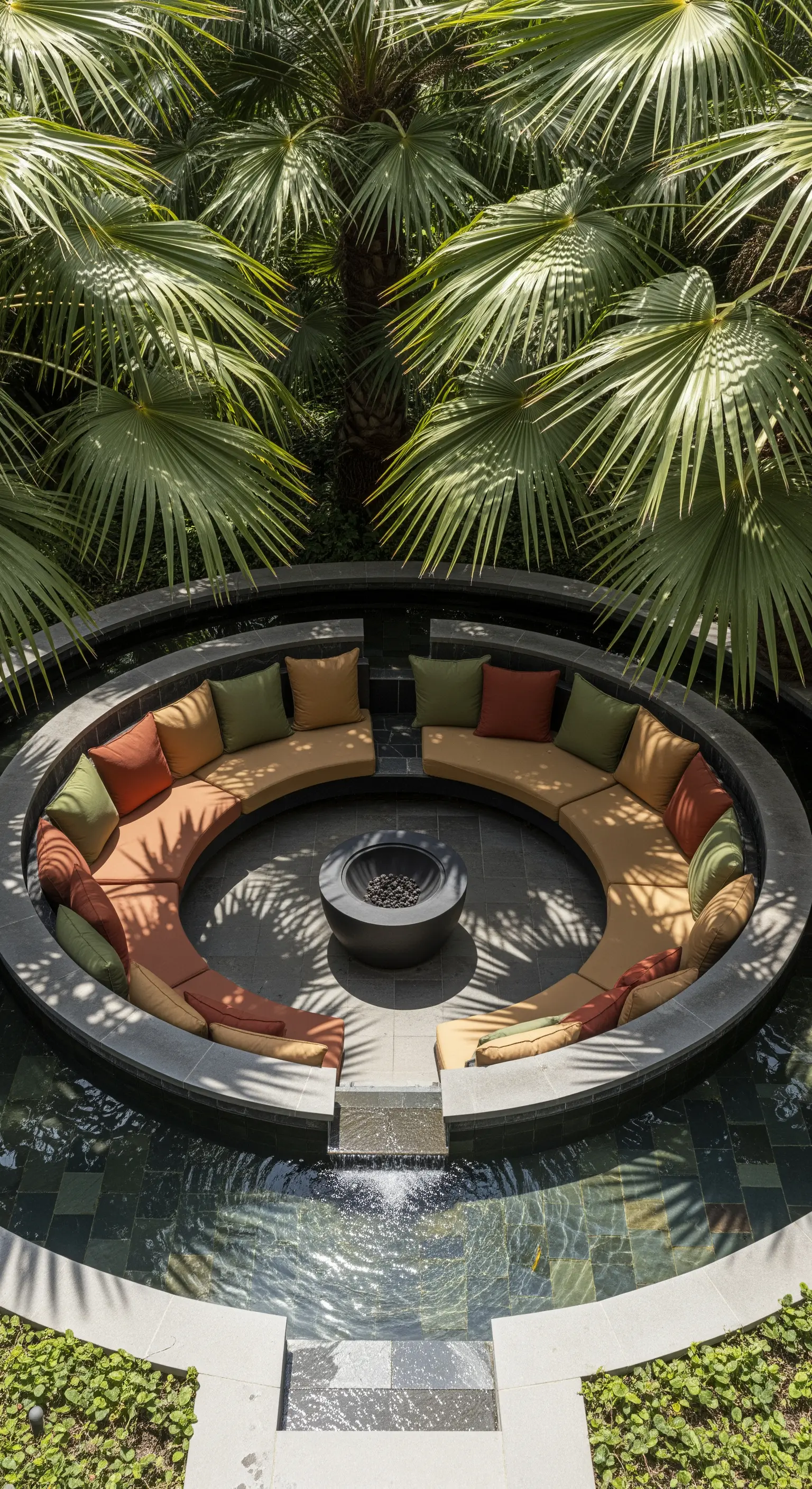 Area lounge circolare ribassata con braciere, circondata da acqua e palme.