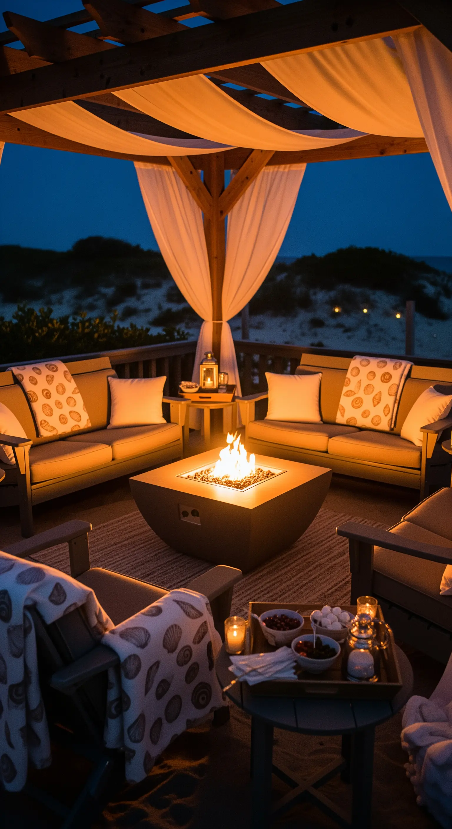 Patio con braciere acceso, divani e tende bianche con vista sul mare di notte.