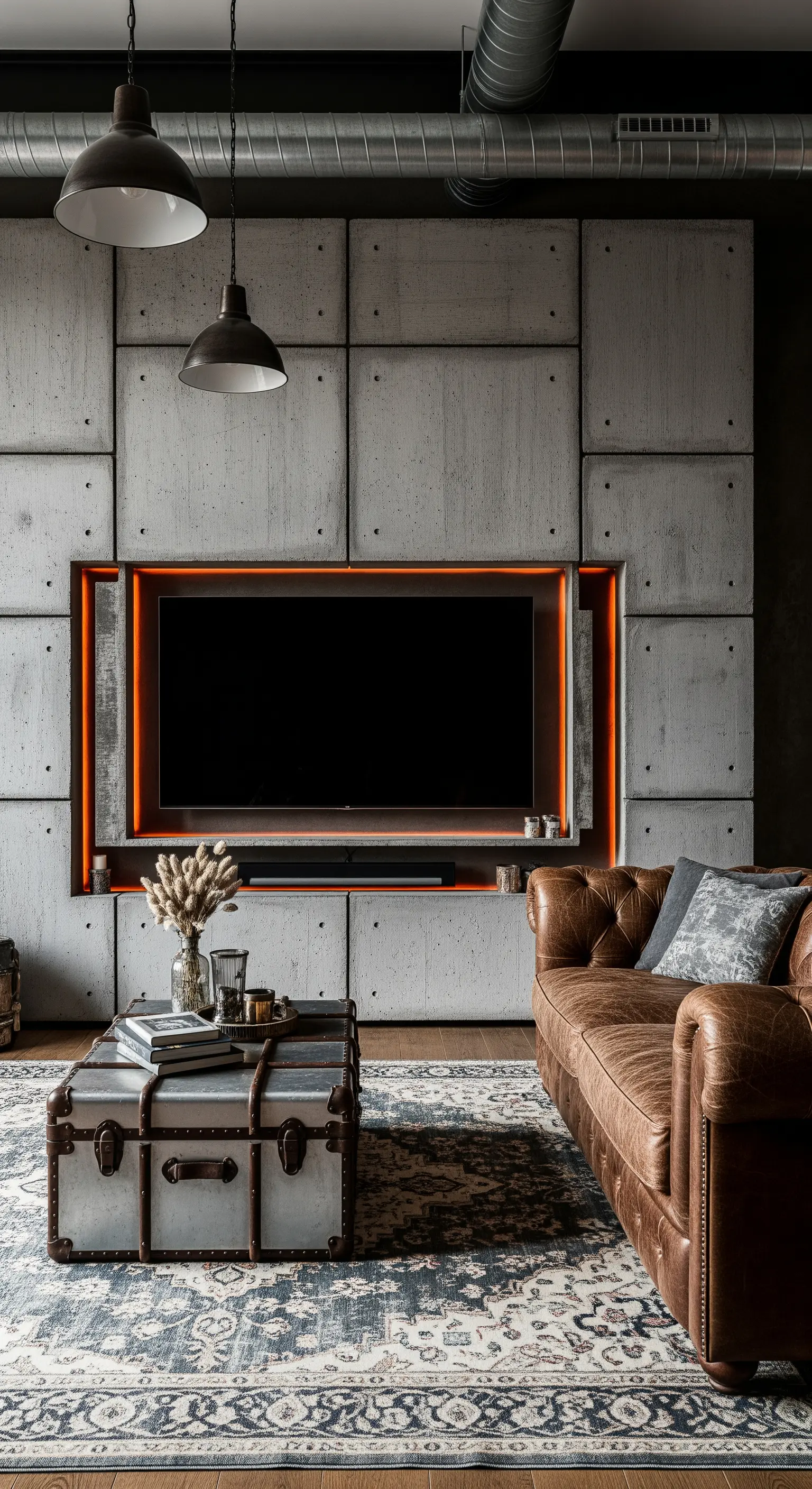 Parete TV in cemento con nicchia retroilluminata da una luce LED arancione.