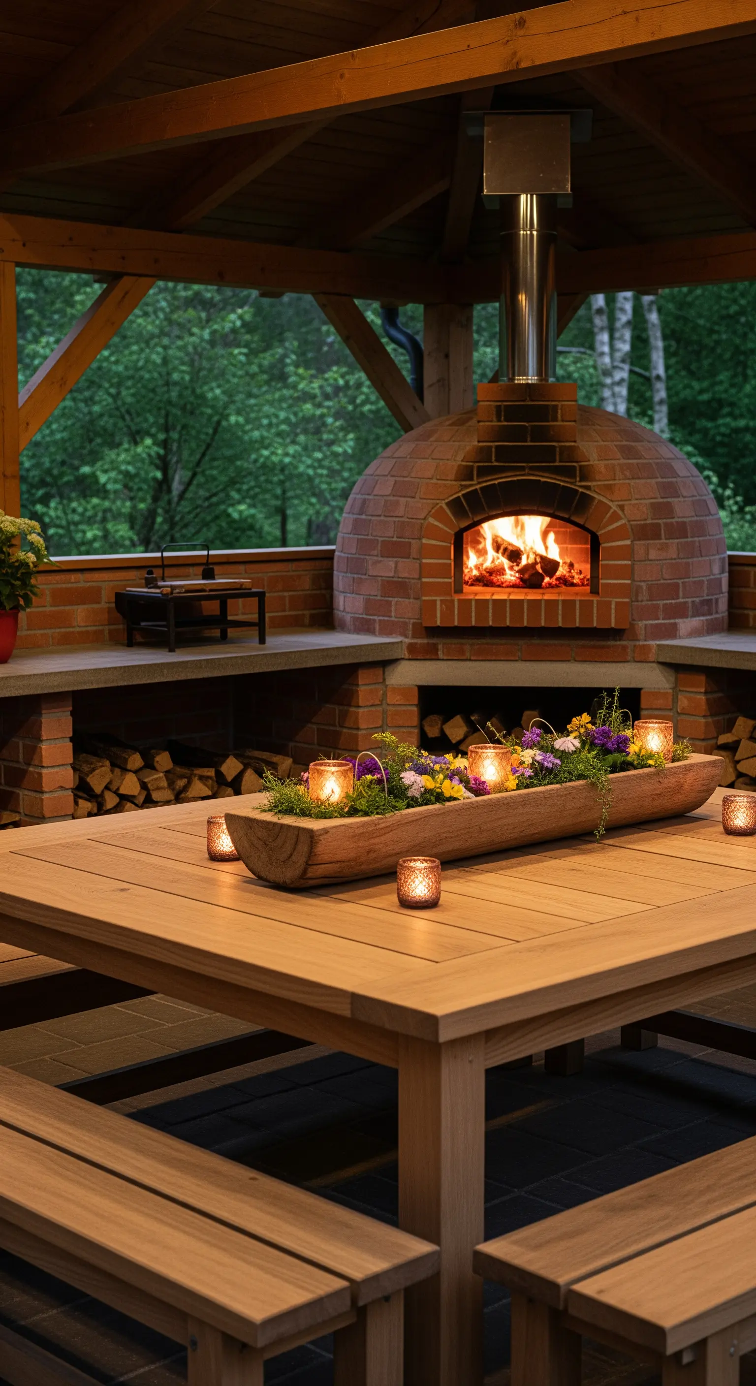 Tavolo da pranzo in legno davanti a un forno a legna in mattoni, sotto un patio coperto.
