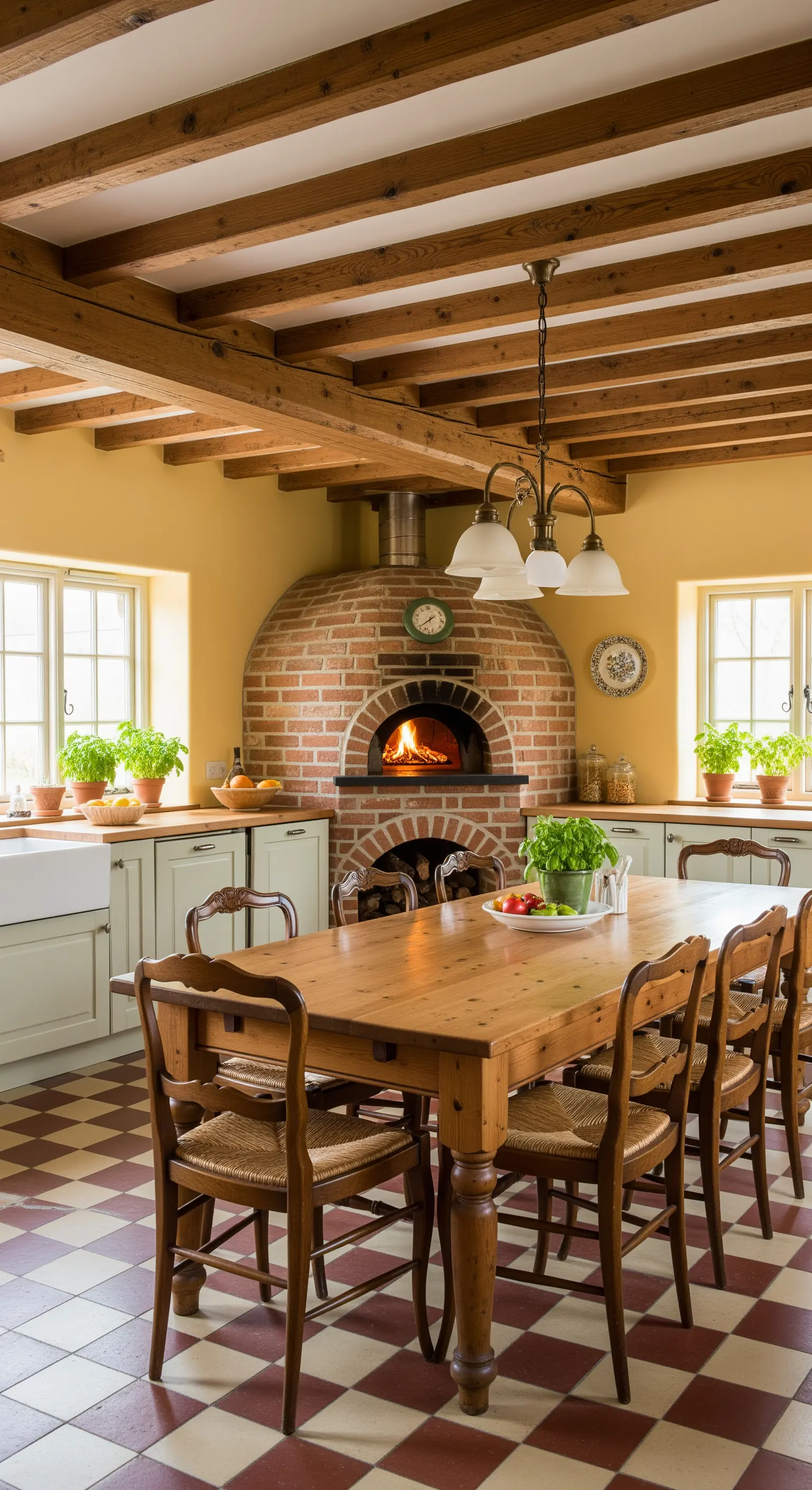 Cucina di campagna con grande forno a legna in mattoni e pavimento a scacchiera.