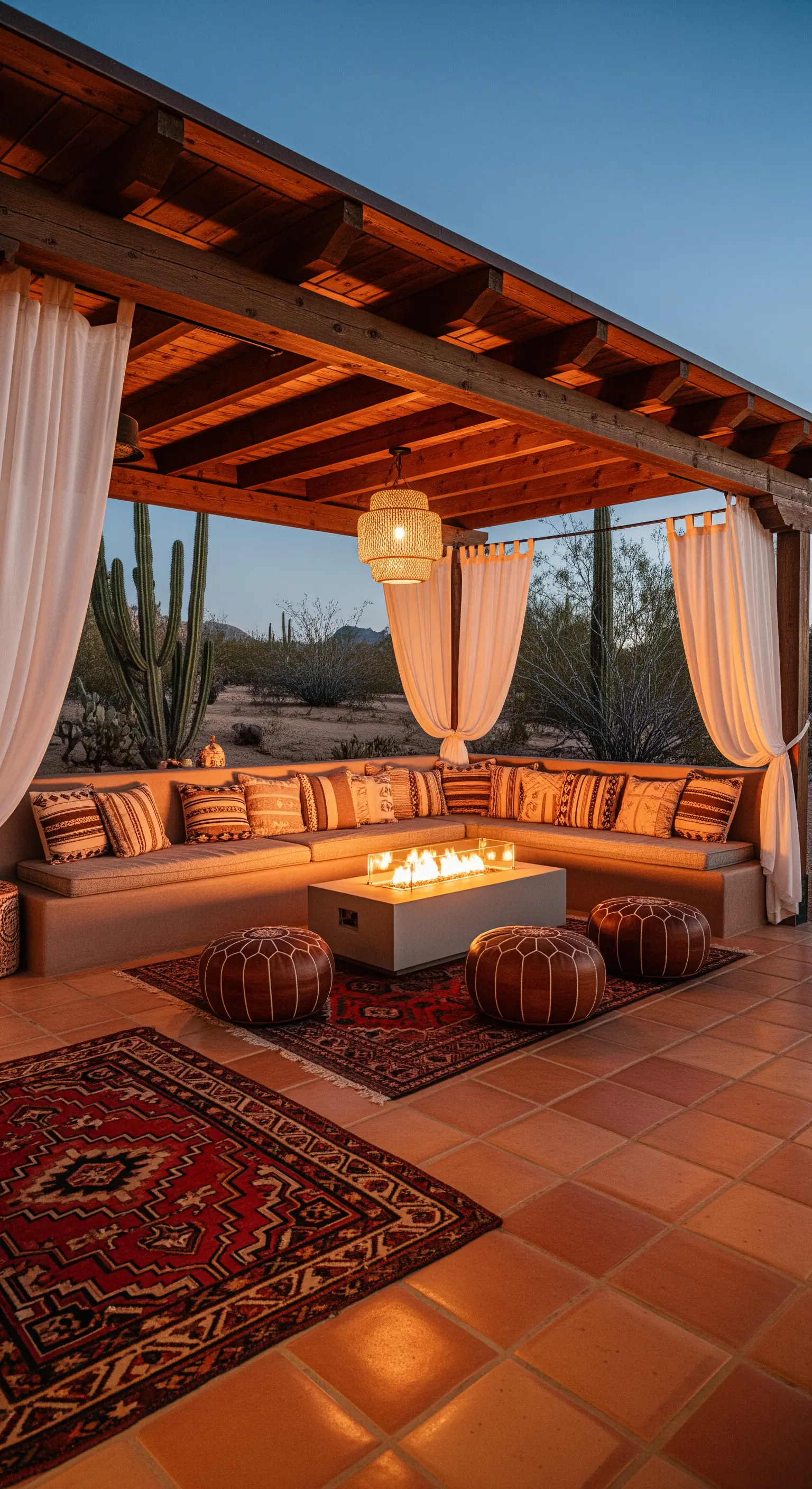Patio nel deserto con braciere, sedute in muratura, pouf in pelle e tappeti etnici.