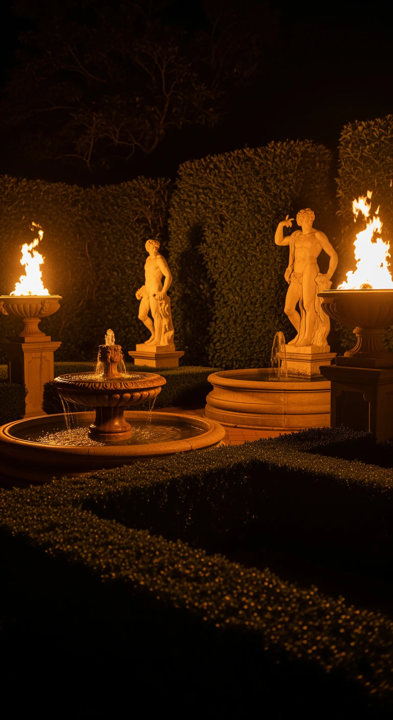 Giardino notturno con statue classiche, una piccola fontana e due grandi bracieri accesi.