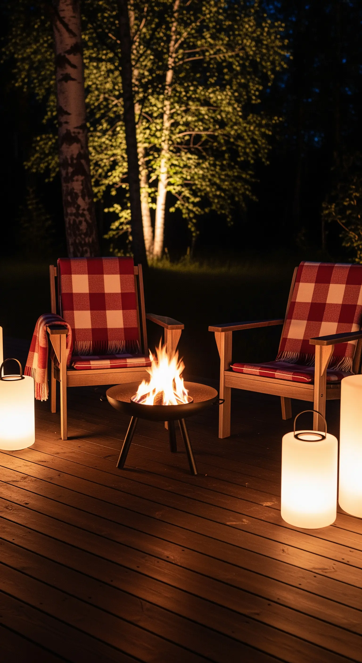Due sedie in legno con cuscini a quadri rossi attorno a un braciere acceso in un giardino.