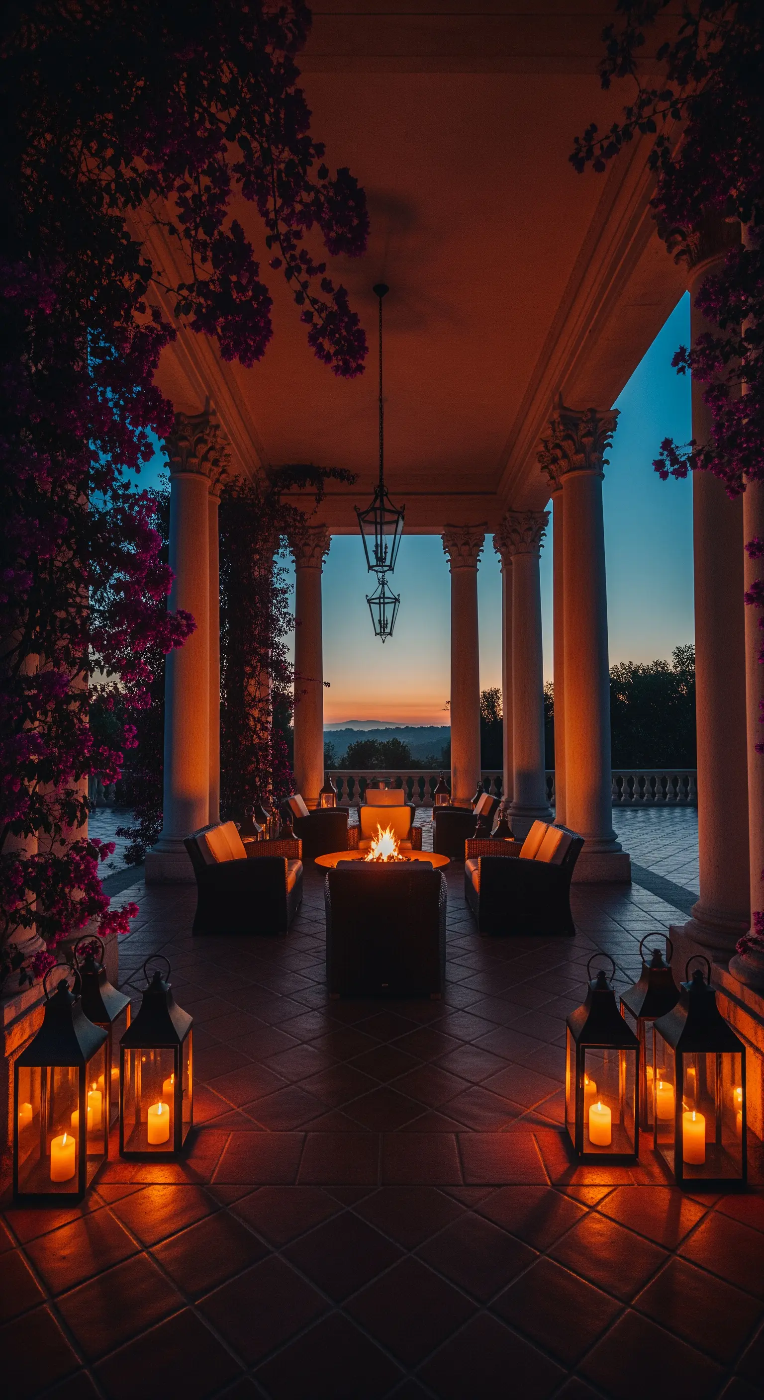Portico al tramonto con braciere centrale, poltrone e lanterne accese