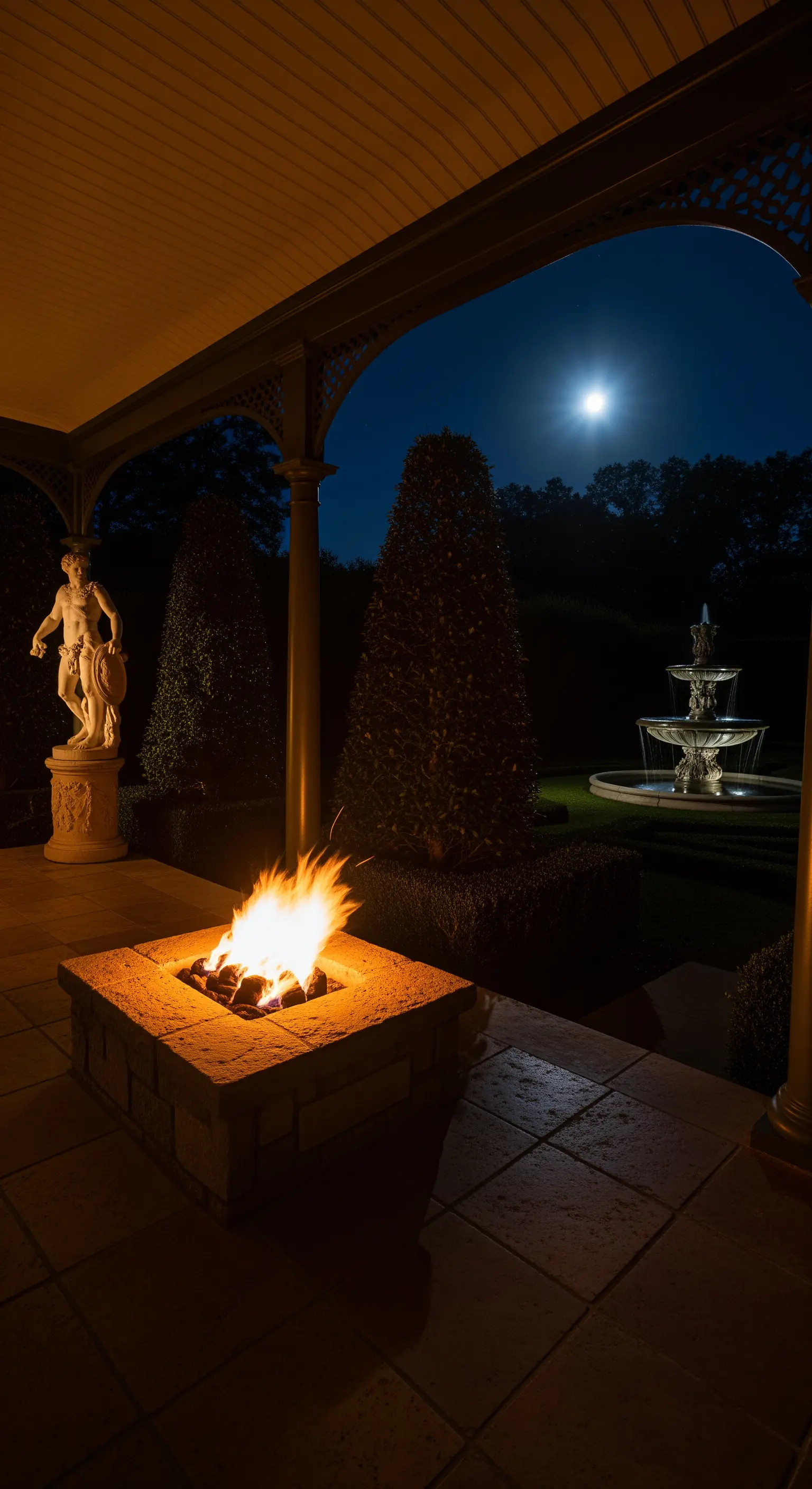 Veranda di notte con braciere acceso e vista su un giardino illuminato dalla luna.