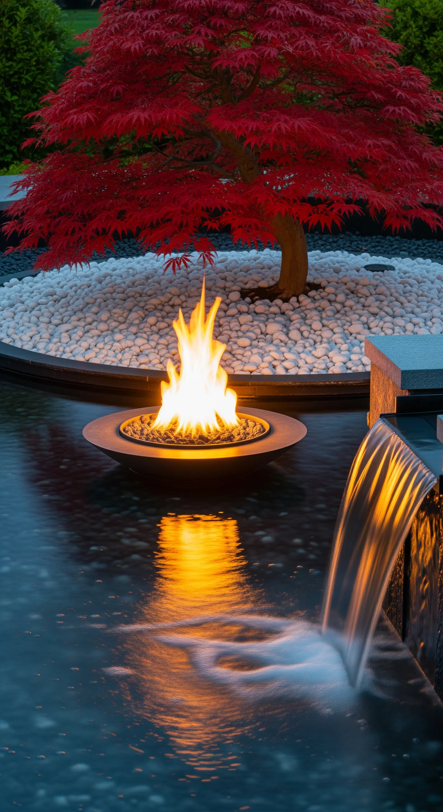 Braciere acceso al centro di una vasca d'acqua, con cascata e acero rosso in un giardino zen