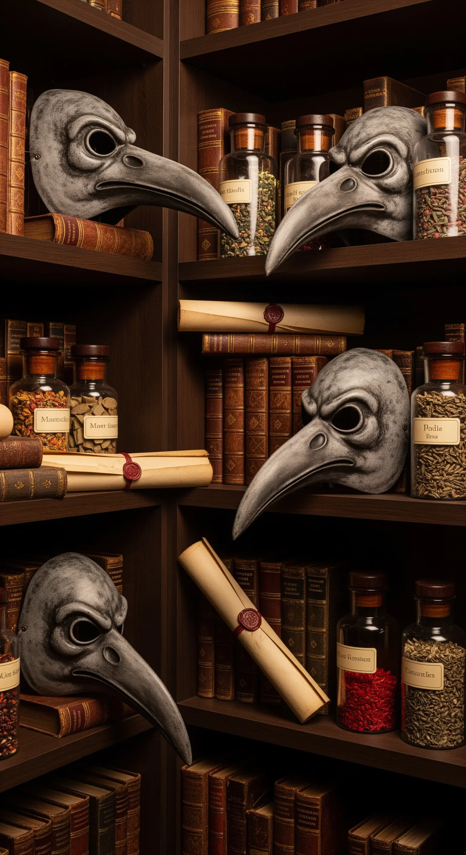 Maschere del Medico della Peste in una libreria scura tra libri antichi.