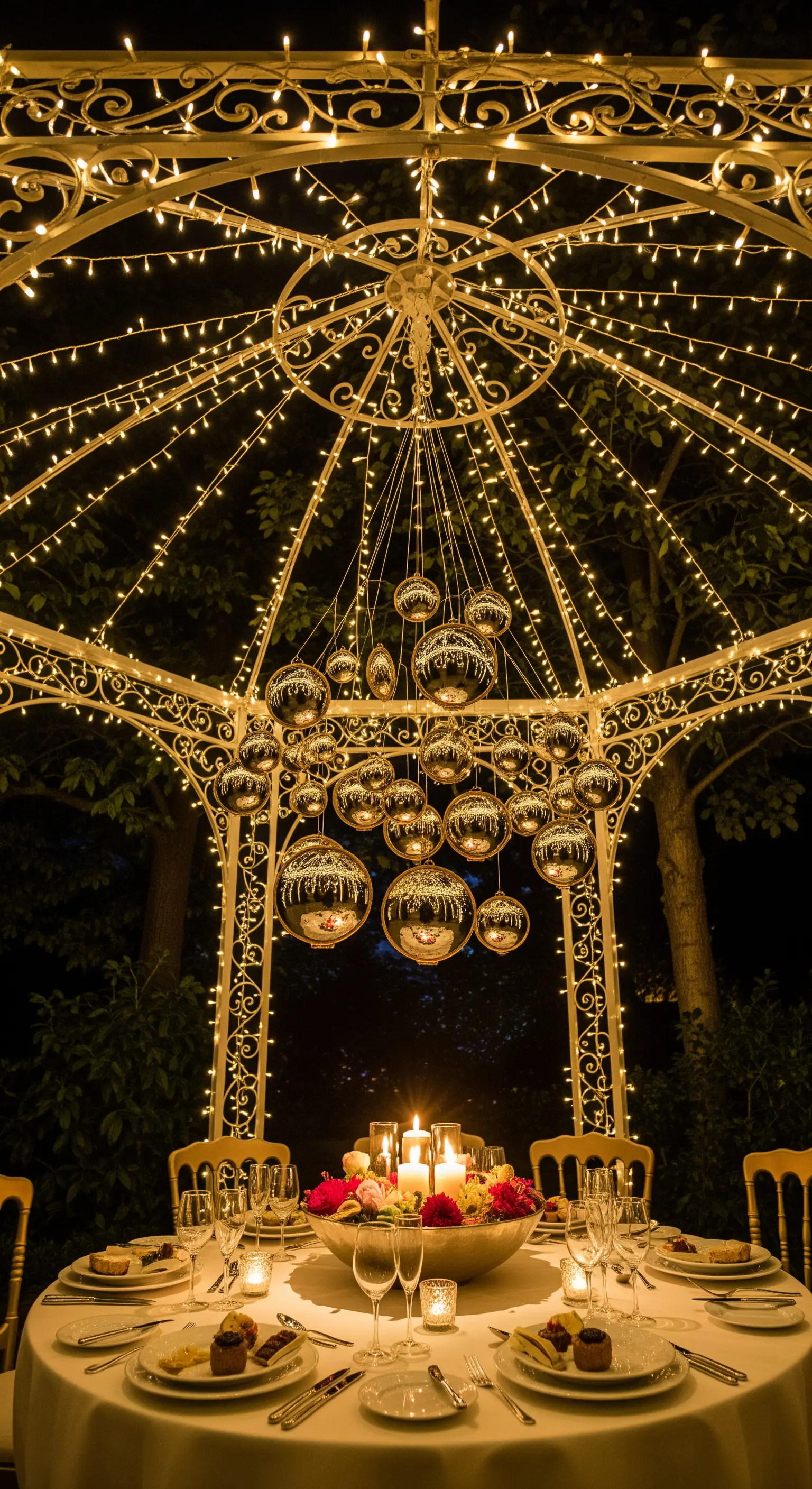 Cena elegante sotto un gazebo illuminato da lucine, con un lampadario di sfere a specchio.