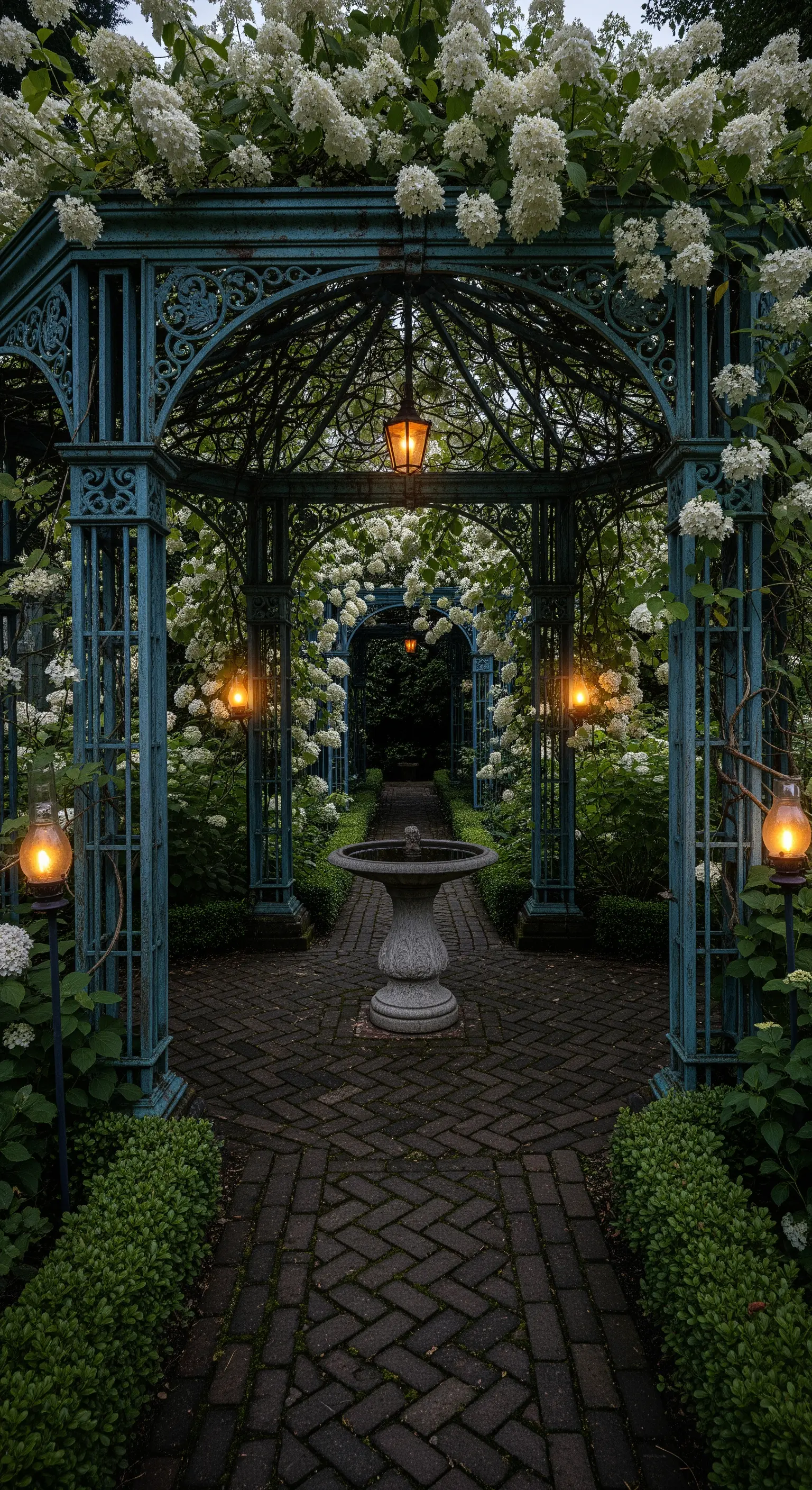Gazebo in ferro verde-azzurro circondato da ortensie bianche e illuminato da lanterne vintage.