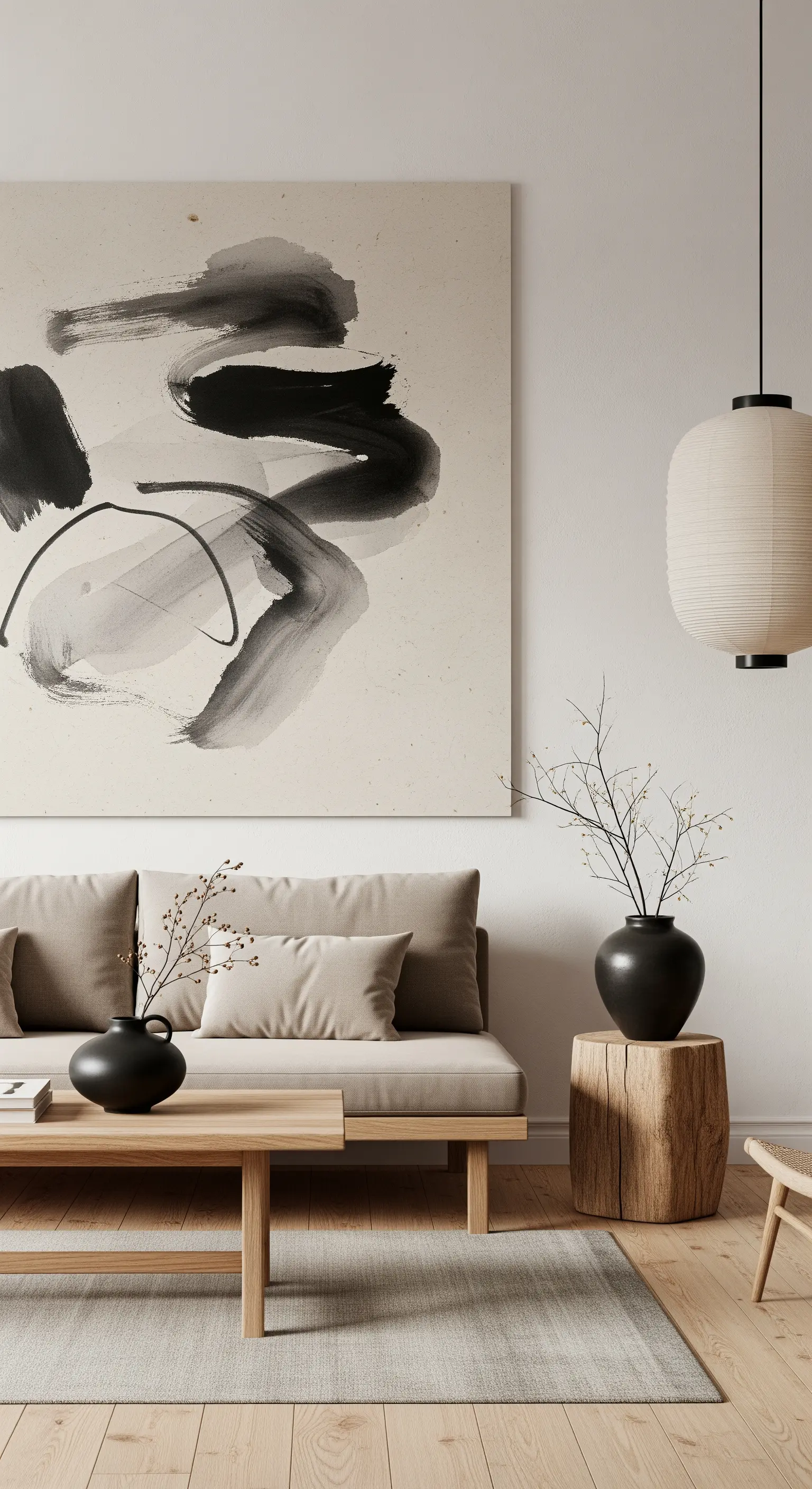 Quadro astratto in stile calligrafico giapponese in un soggiorno minimalista con arredi bassi.