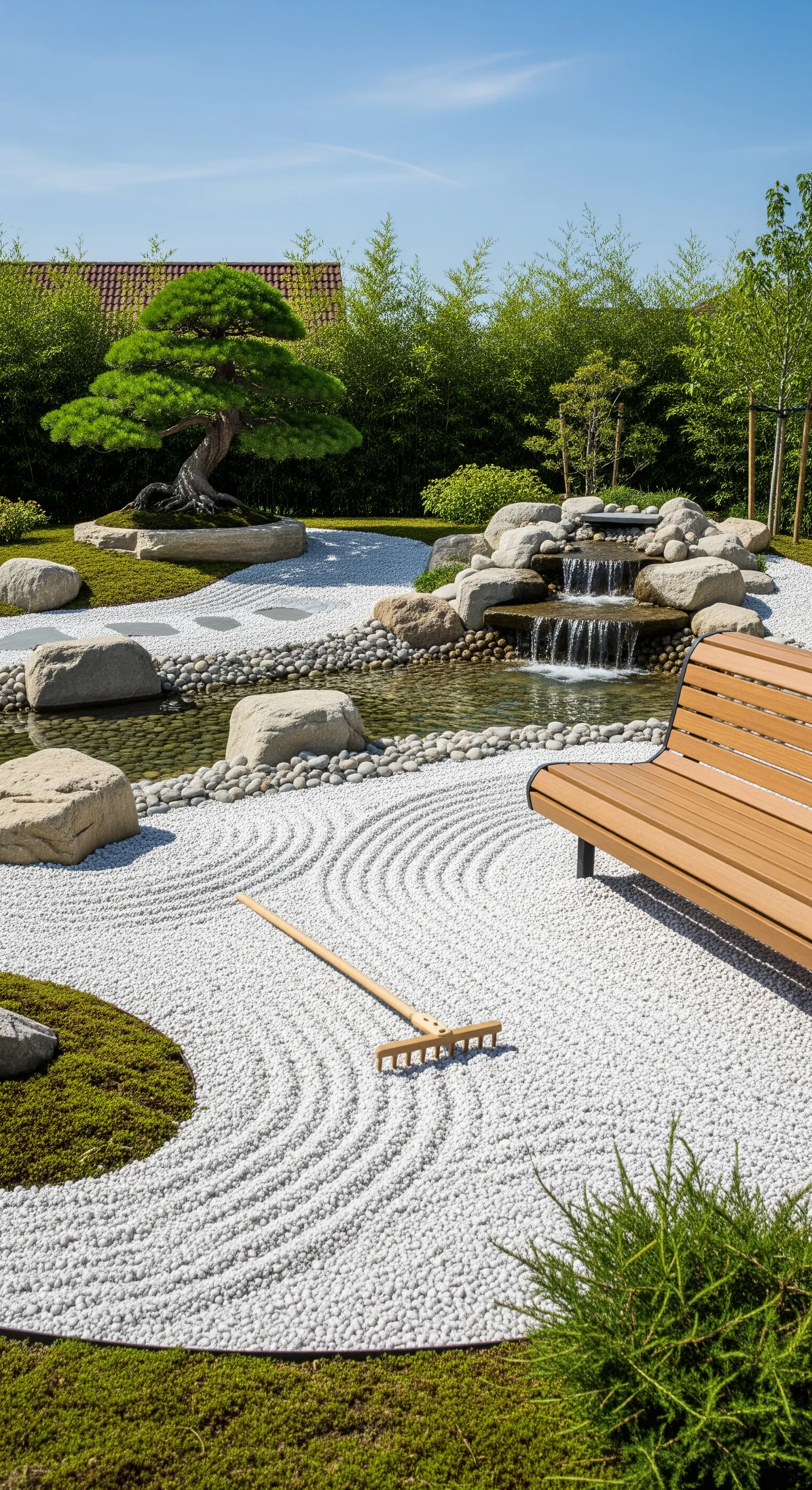 Giardino zen con sabbia bianca rastrellata, panchina e un rastrello di legno appoggiato
