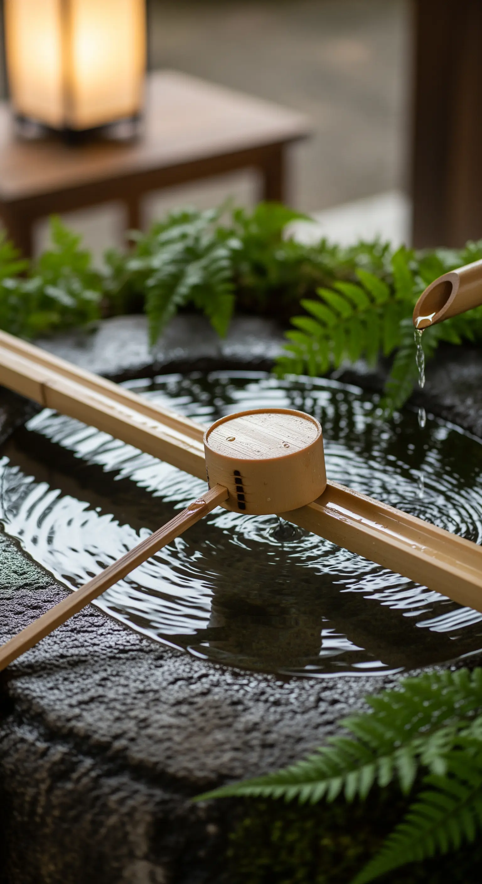 Dettaglio di un bacino d'acqua in pietra con mestolo e canale in bambù.