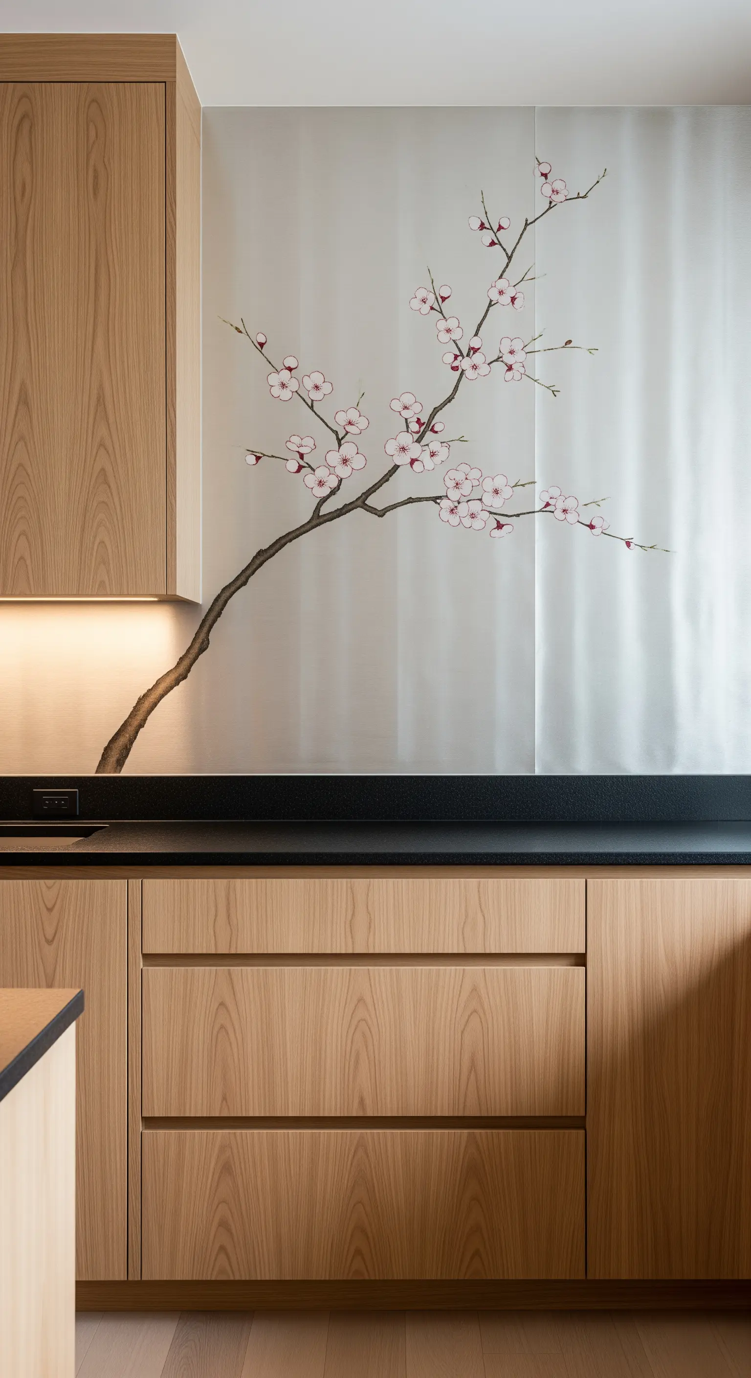 Dettaglio di un ramo di ciliegio dipinto su un paraschizzi in una cucina minimal.
