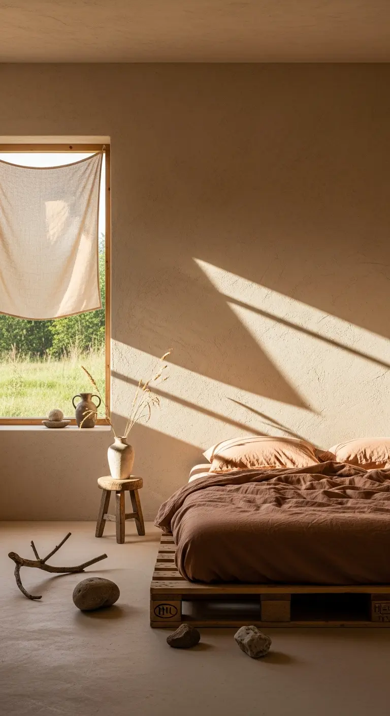 Camera da letto wabi-sabi con letto a pallet e un semplice telo di lino appeso alla finestra.