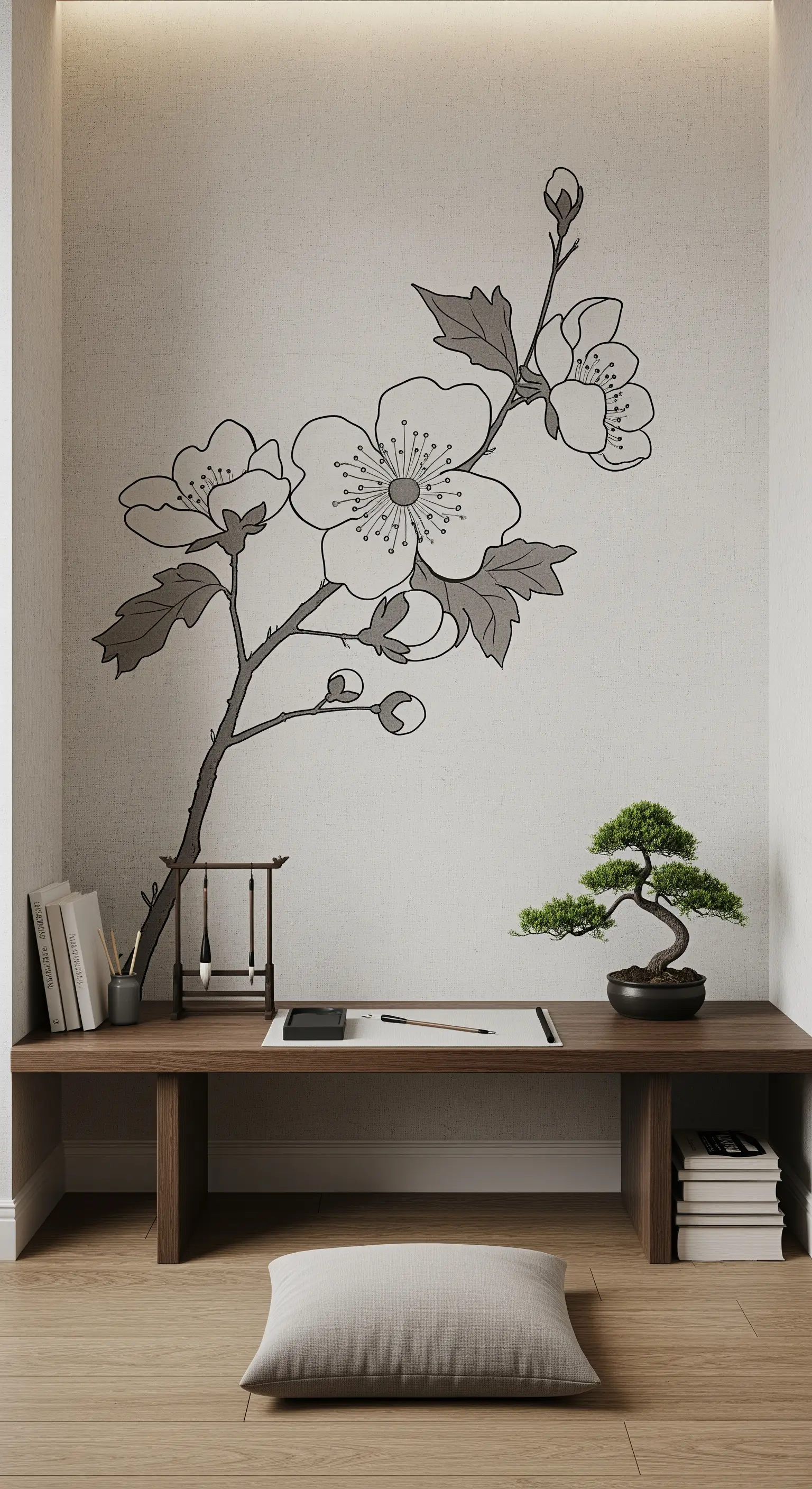 Scrivania bassa in legno scuro con bonsai e un murale a linea singola di un fiore.