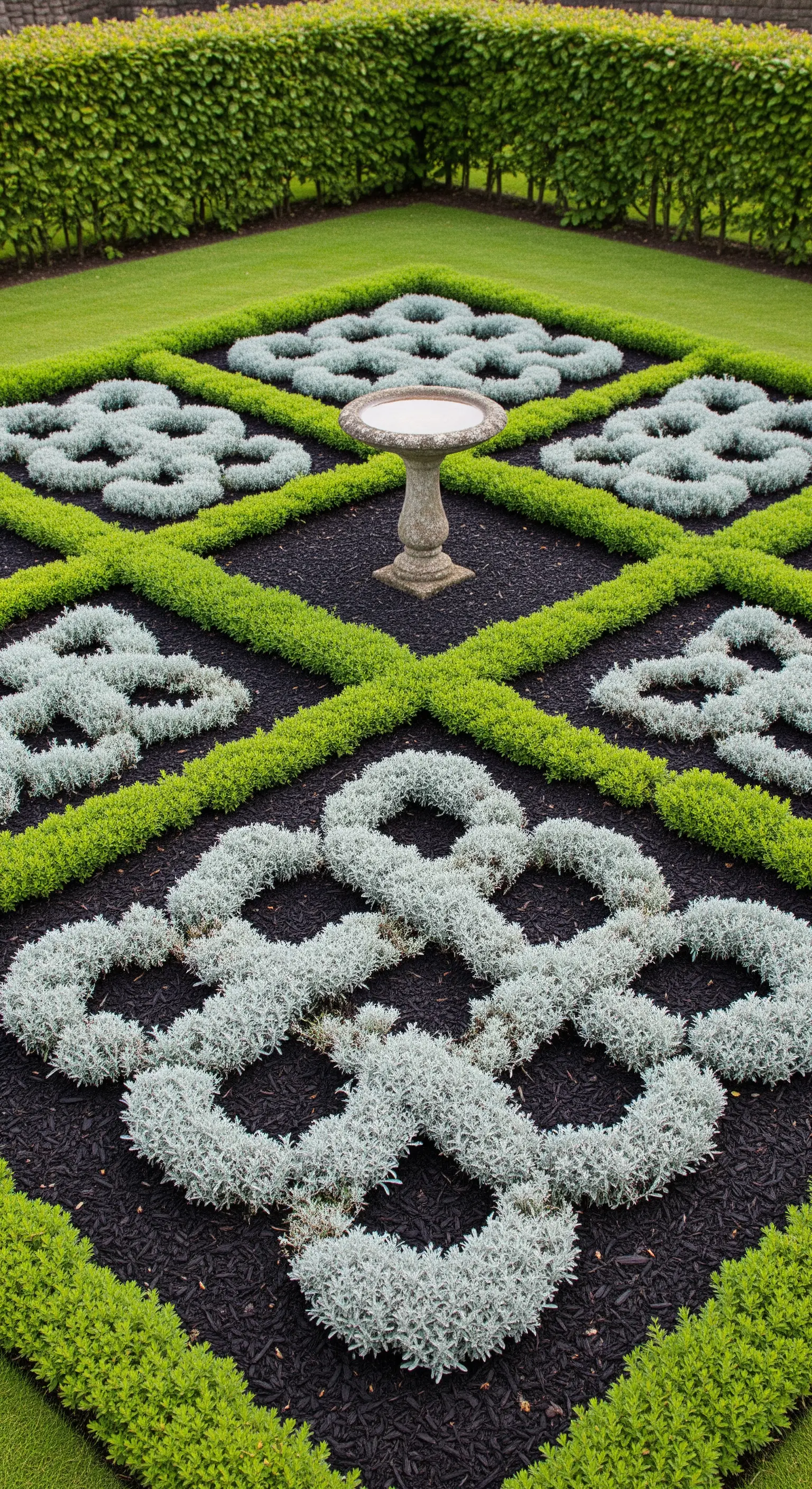 Aiuola a nodo con piante argentate e siepi verdi che creano un motivo intrecciato.