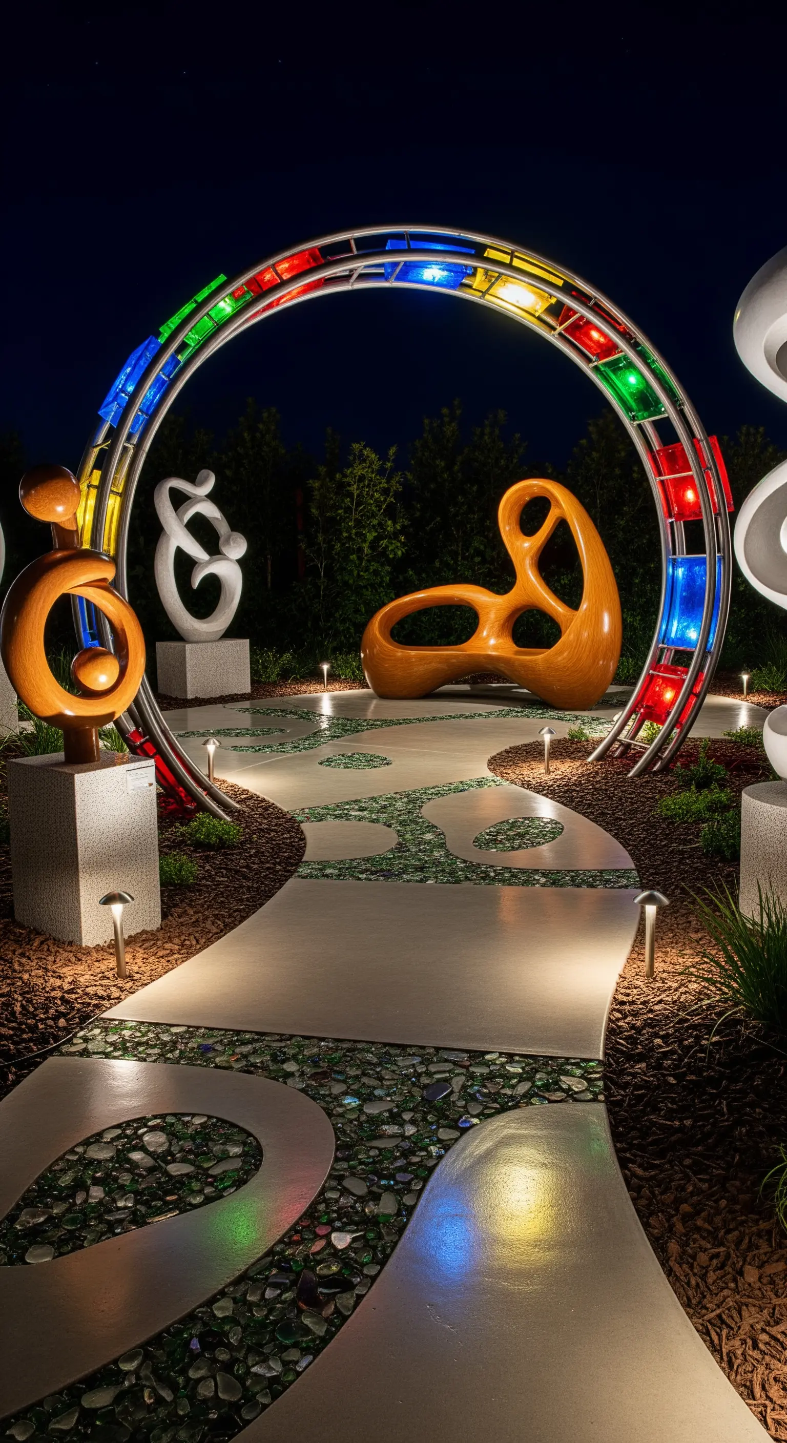 Giardino di sculture moderne di notte, con un sentiero e un arco circolare illuminati artisticamente.