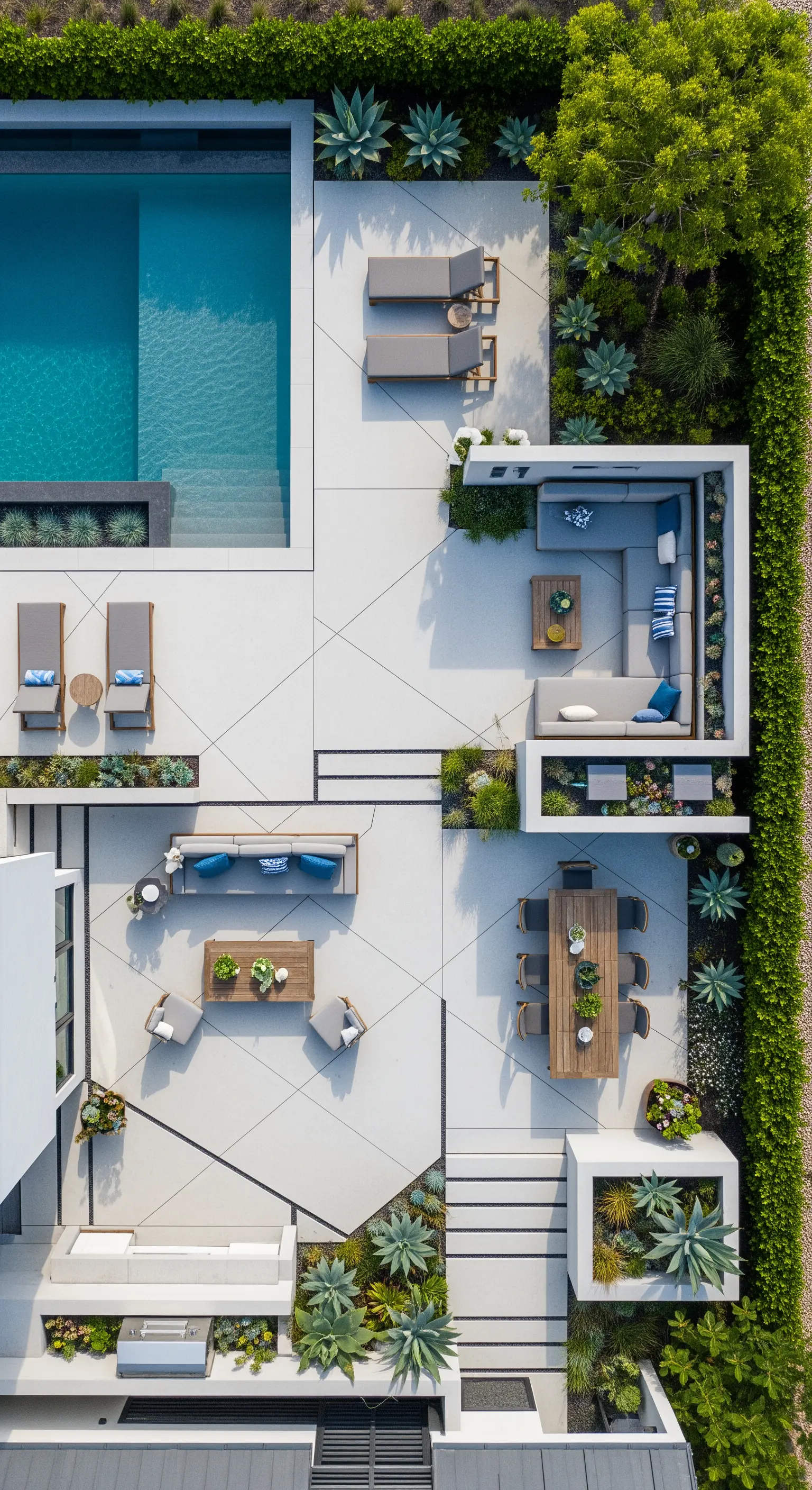 Vista aerea di un giardino moderno con diverse aree funzionali, aiuole integrate e linee geometriche