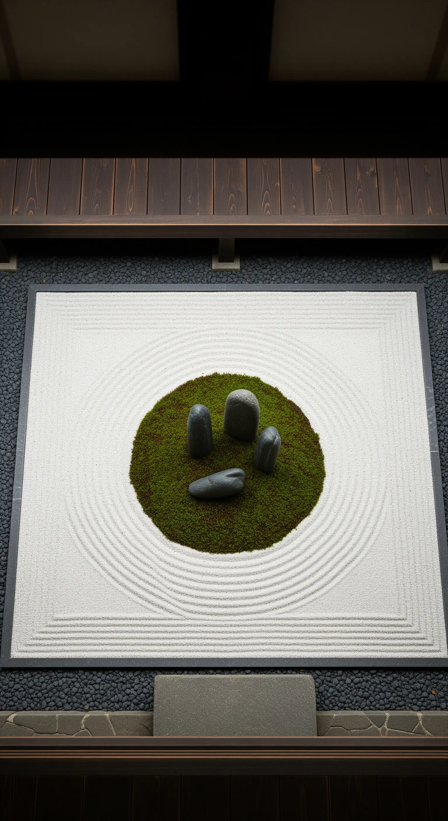 Piccolo giardino zen incorniciato, con sabbia rastrellata, muschio e tre pietre.