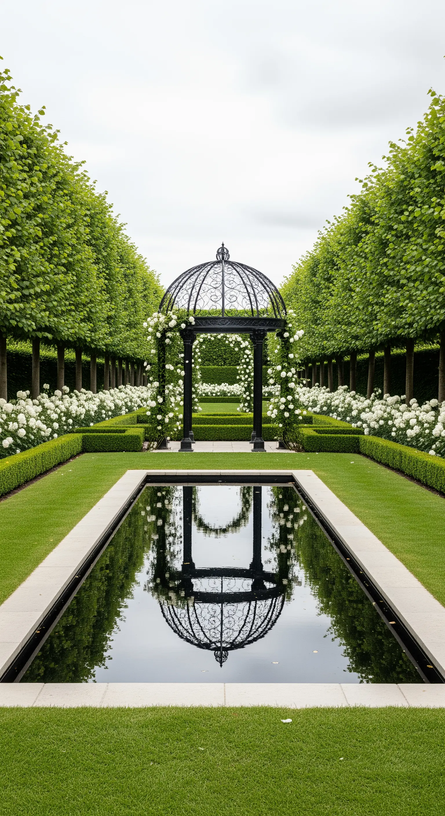 Giardino formale con un gazebo nero e rose bianche che si riflettono in una vasca d'acqua.