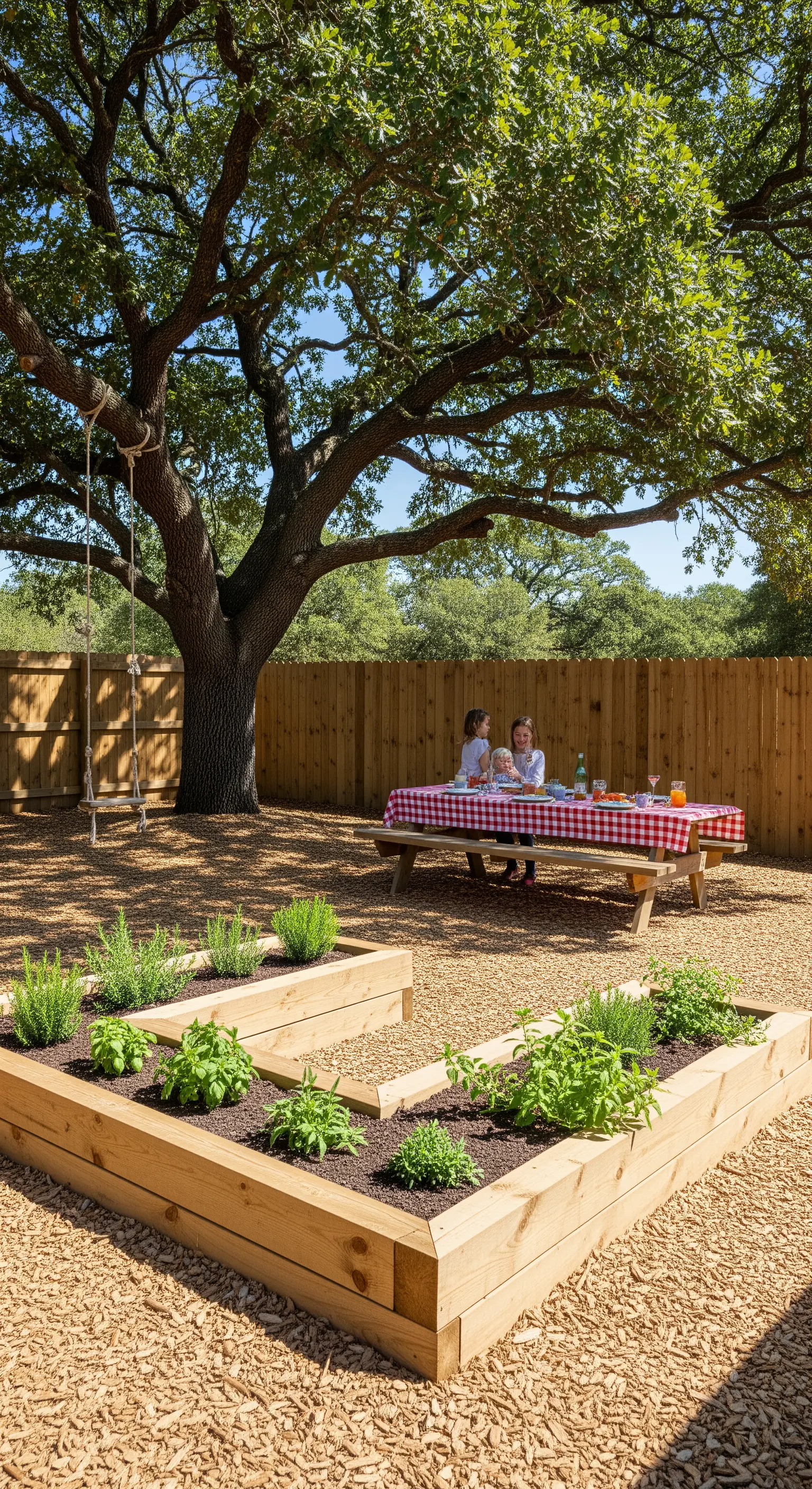 Famiglia a un tavolo da picnic con tovaglia a quadri in un giardino con aiuole rialzate e altalena.