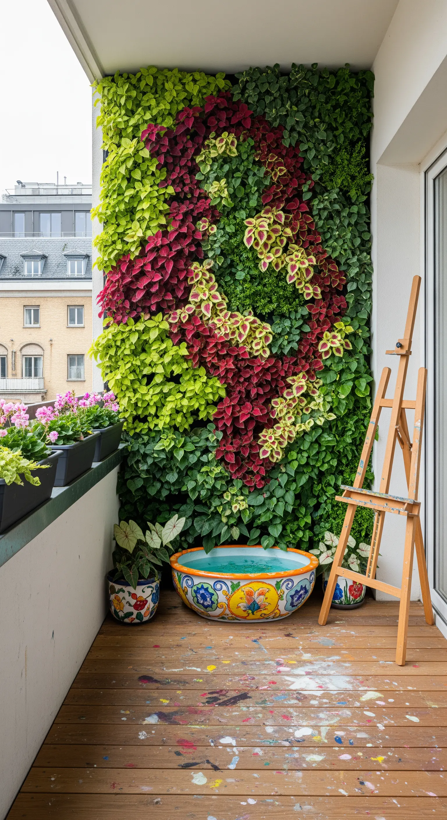 Balcone d'artista con parete verde colorata, un catino in ceramica e un cavalletto.