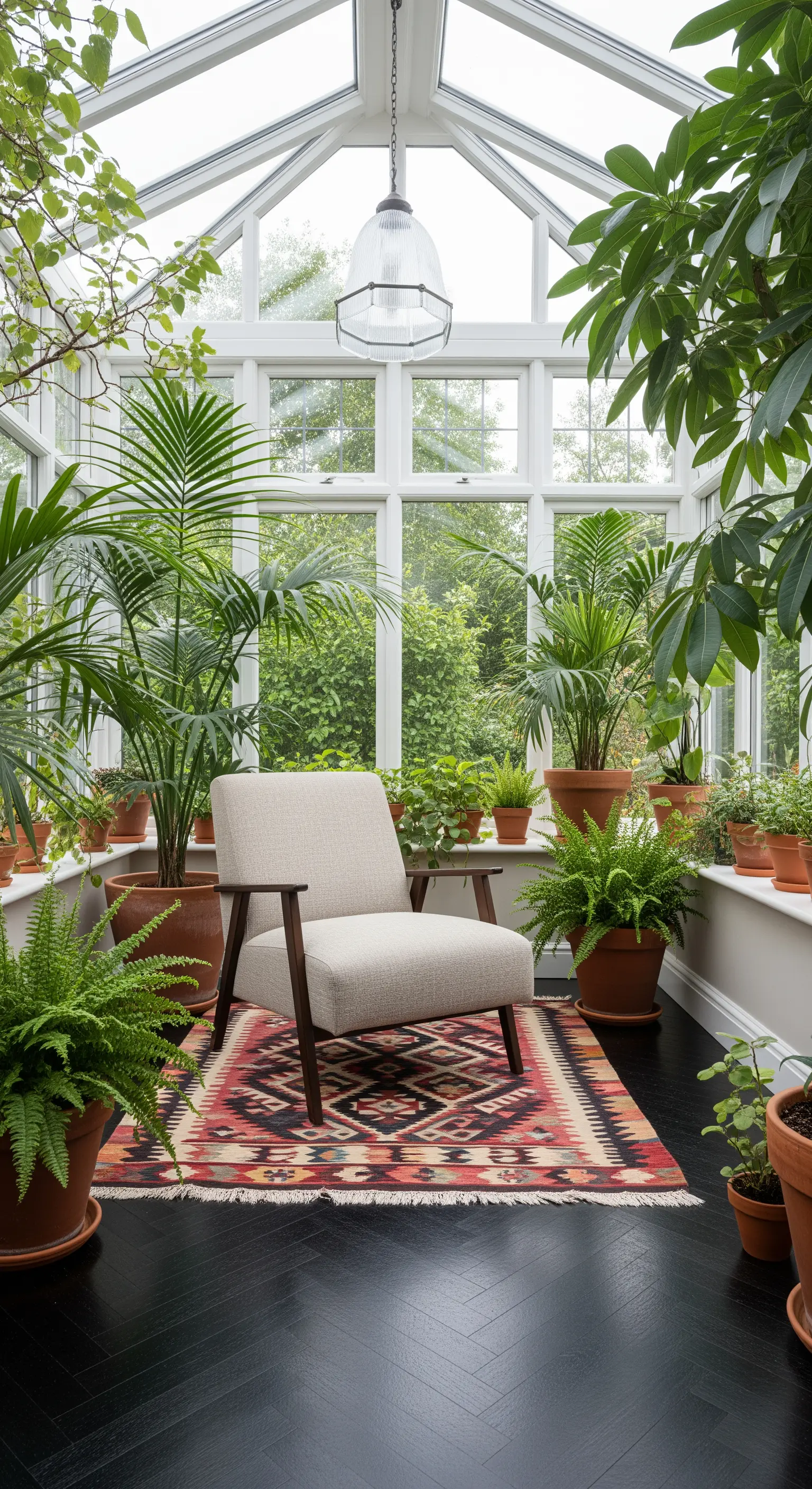 Poltrona chiara in una veranda vetrata circondata da piante, su un tappeto kilim colorato.