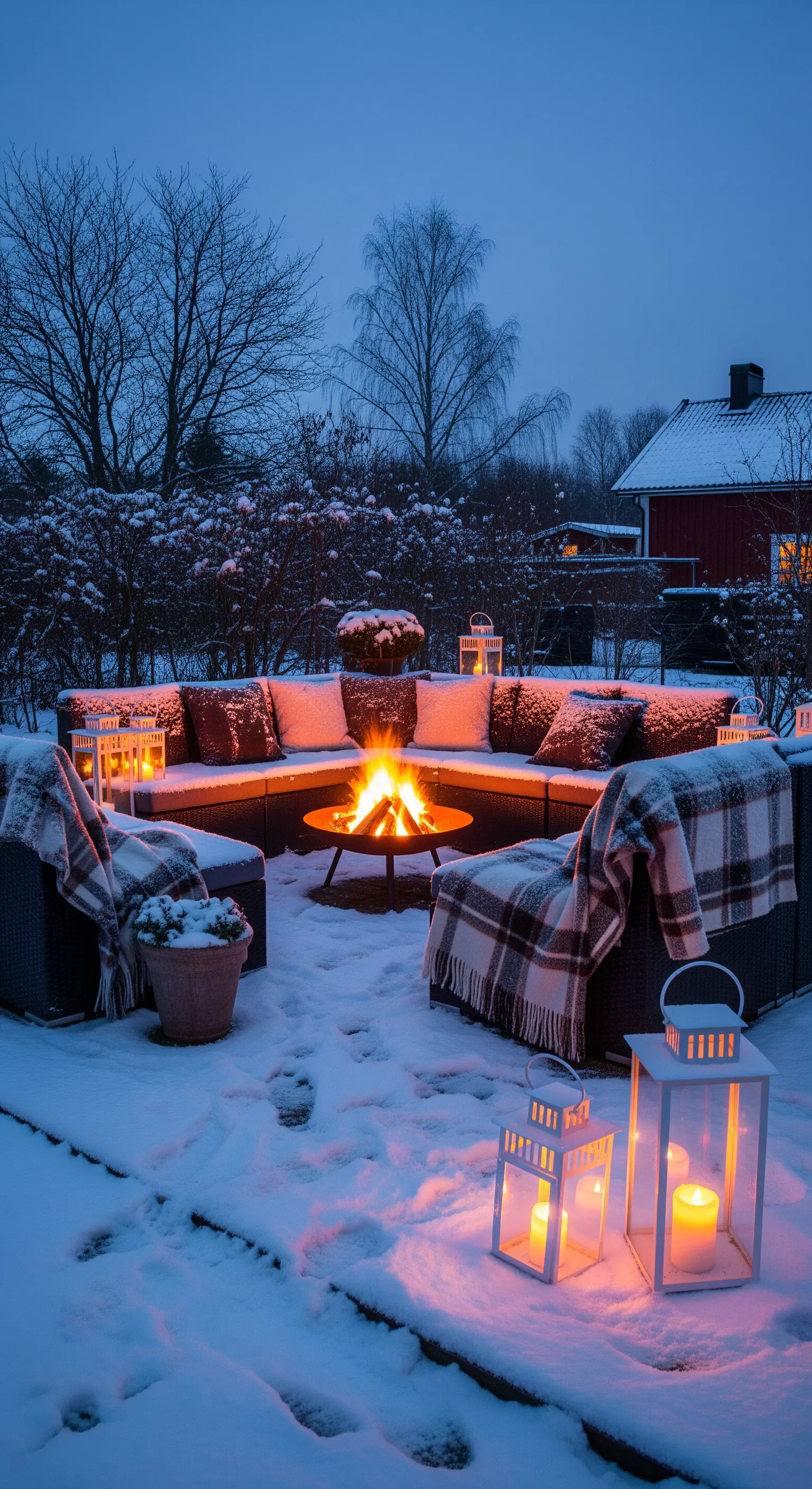 Salotto da esterno con braciere acceso e lanterne, circondato da un giardino innevato.