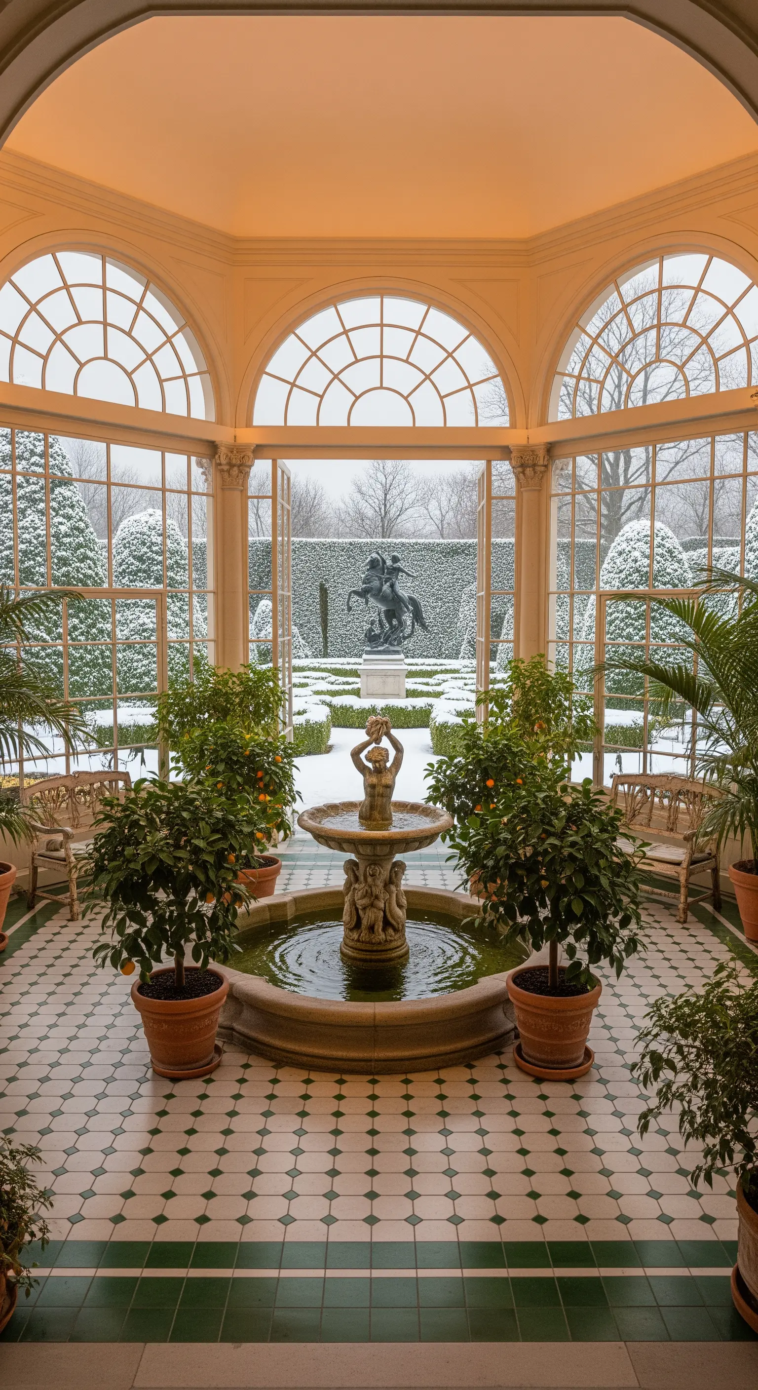 Giardino d'inverno con fontana e piante di agrumi che si affaccia su un paesaggio innevato.