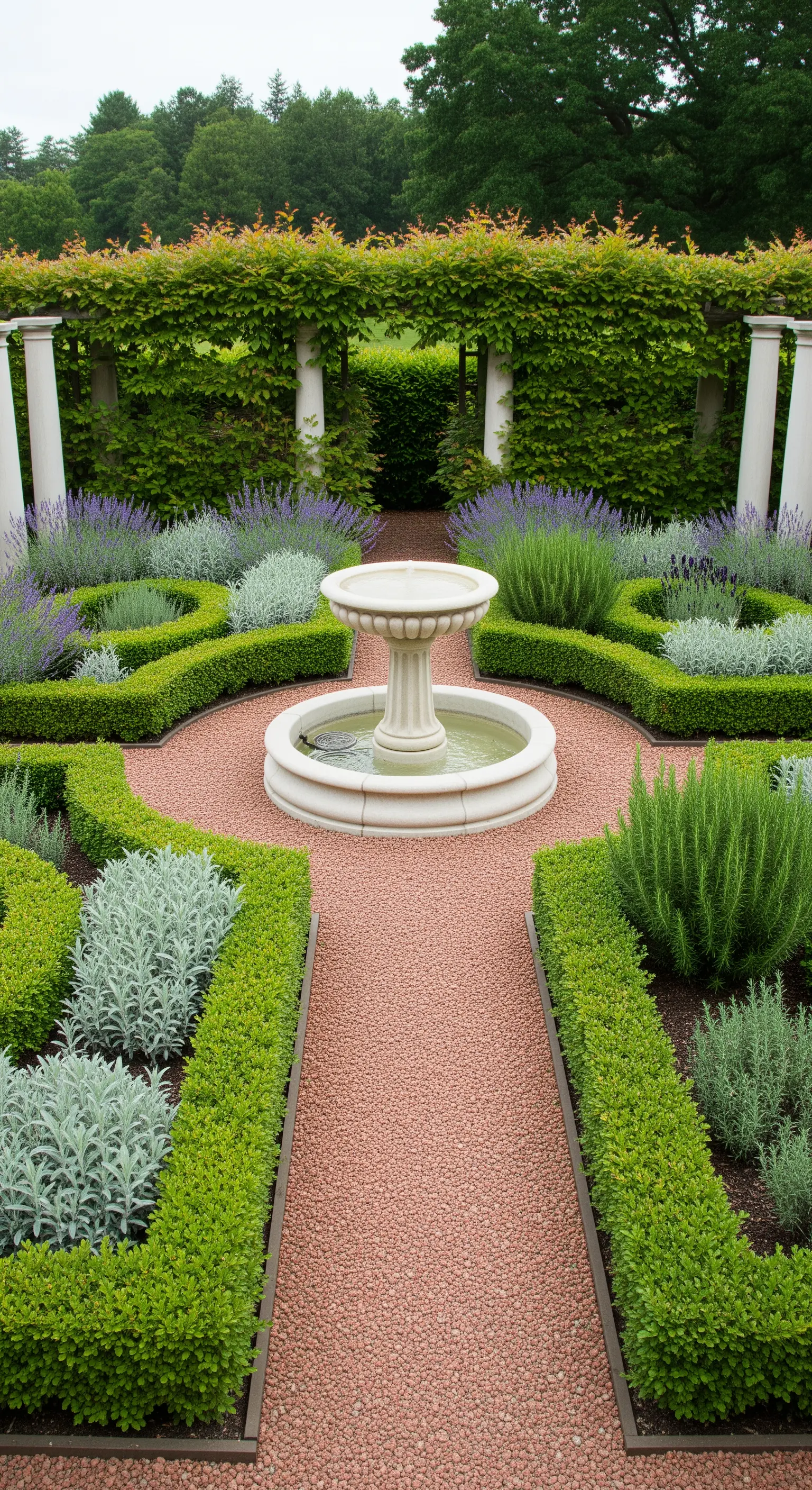 Giardino formale con siepi di bosso, lavanda, santolina e una fontana centrale.