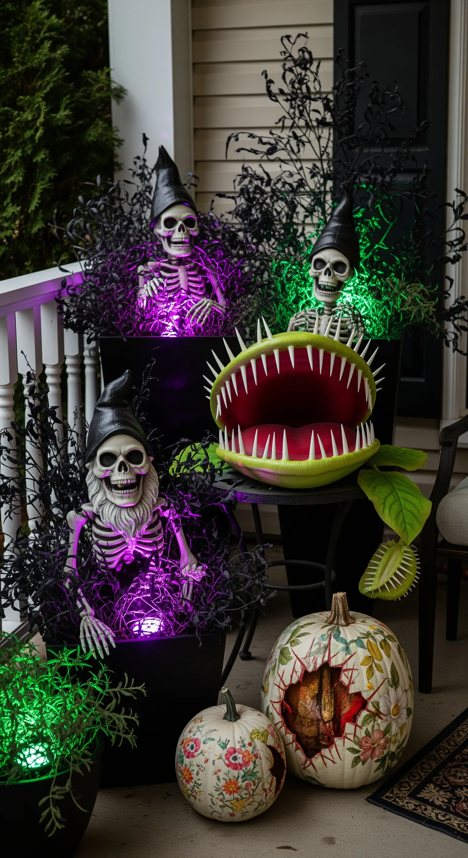 Una grande pianta carnivora circondata da scheletri di gnomi in vasi illuminati di viola.