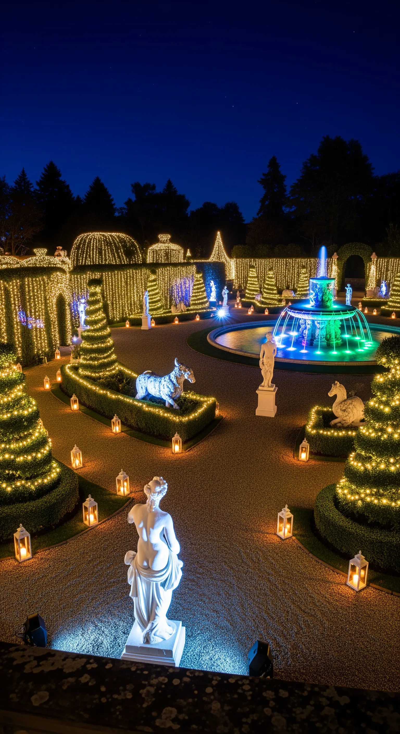 Giardino formale di notte, addobbato con luminarie natalizie e una fontana colorata.